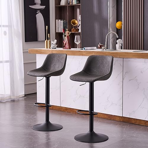 YOUNIKE Juego de 2 taburetes de metal para encimera de cocina, taburetes de bar de altura giratorios ajustables, sillas de bar altas de piel