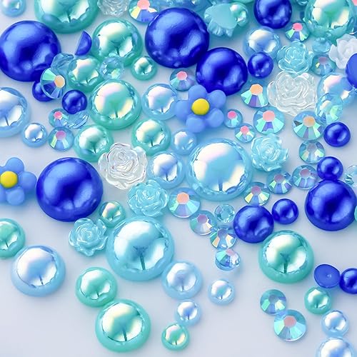 Miniatura 60 de 60g de perlas blancas de parte trasera plana con diamantes de imitación para manualidades, tamaño mixto de 3mm-10mm, color AB, redondas, mitad