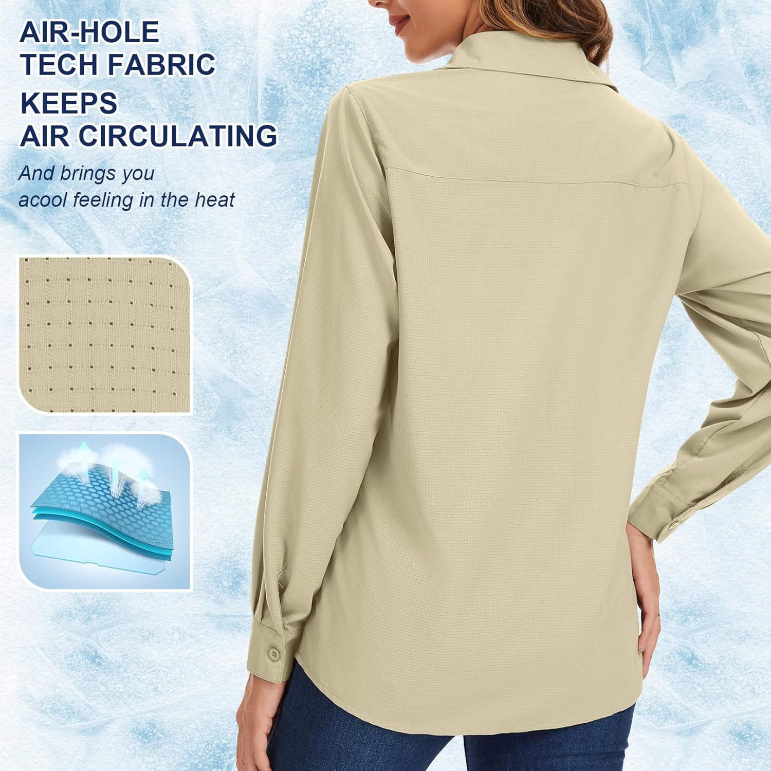 Women’s UPF 50 Safari Long Sleeve Sun Protection Shirt, Lightweight Quick Dry UV Fishing Hiking Outdoor Shirt