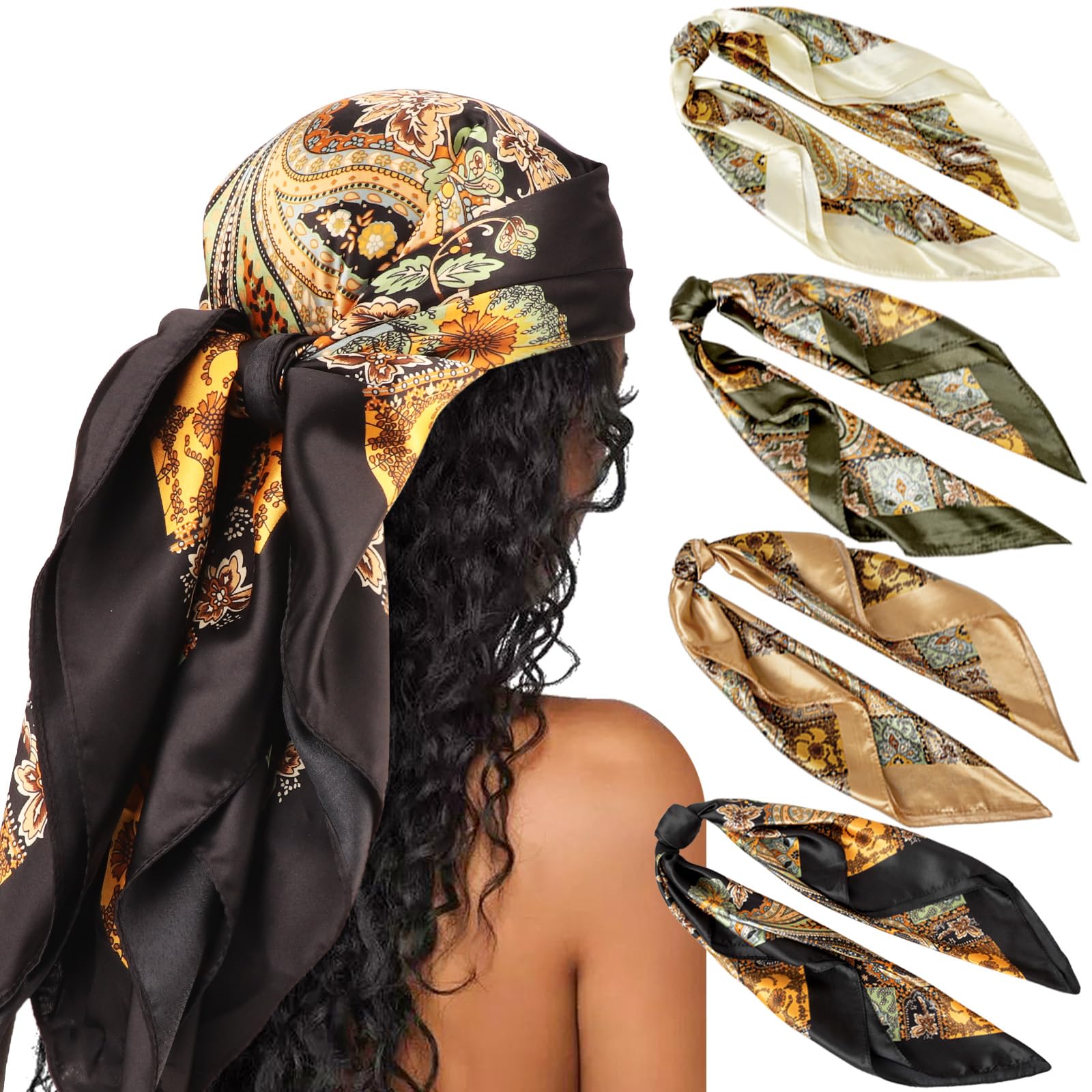 DRESHOW 35” Large Square Satin Head Scarf - 4Pcs Silk Accessories Classic Patterned Squares Beach Bandanas for Women