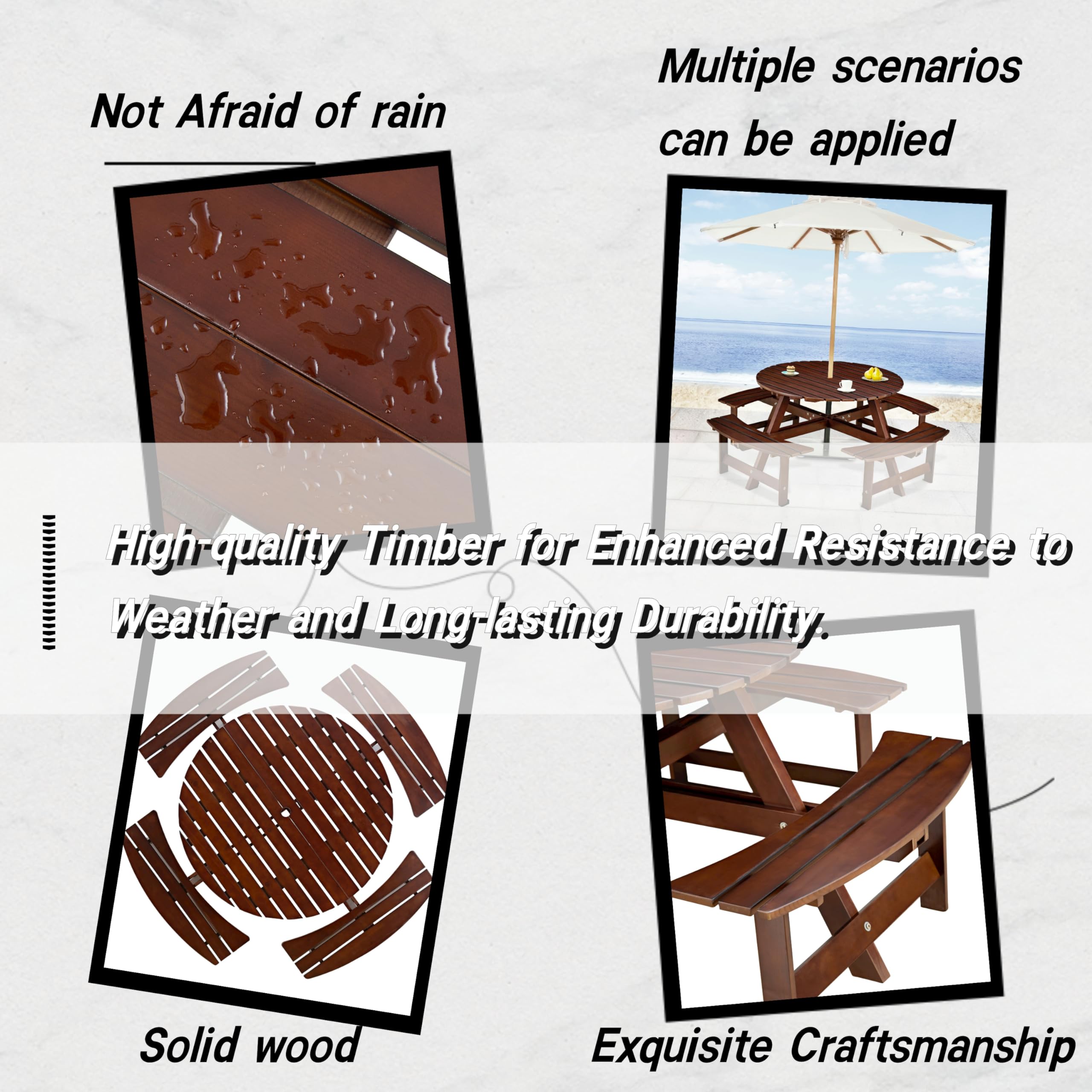 Ensemble table de salle à manger ronde en bois pour 8 personnes avec 8 chaises et bancs intégrés, trou pour parasol, idéal pour les réunions de jardin et de jardin