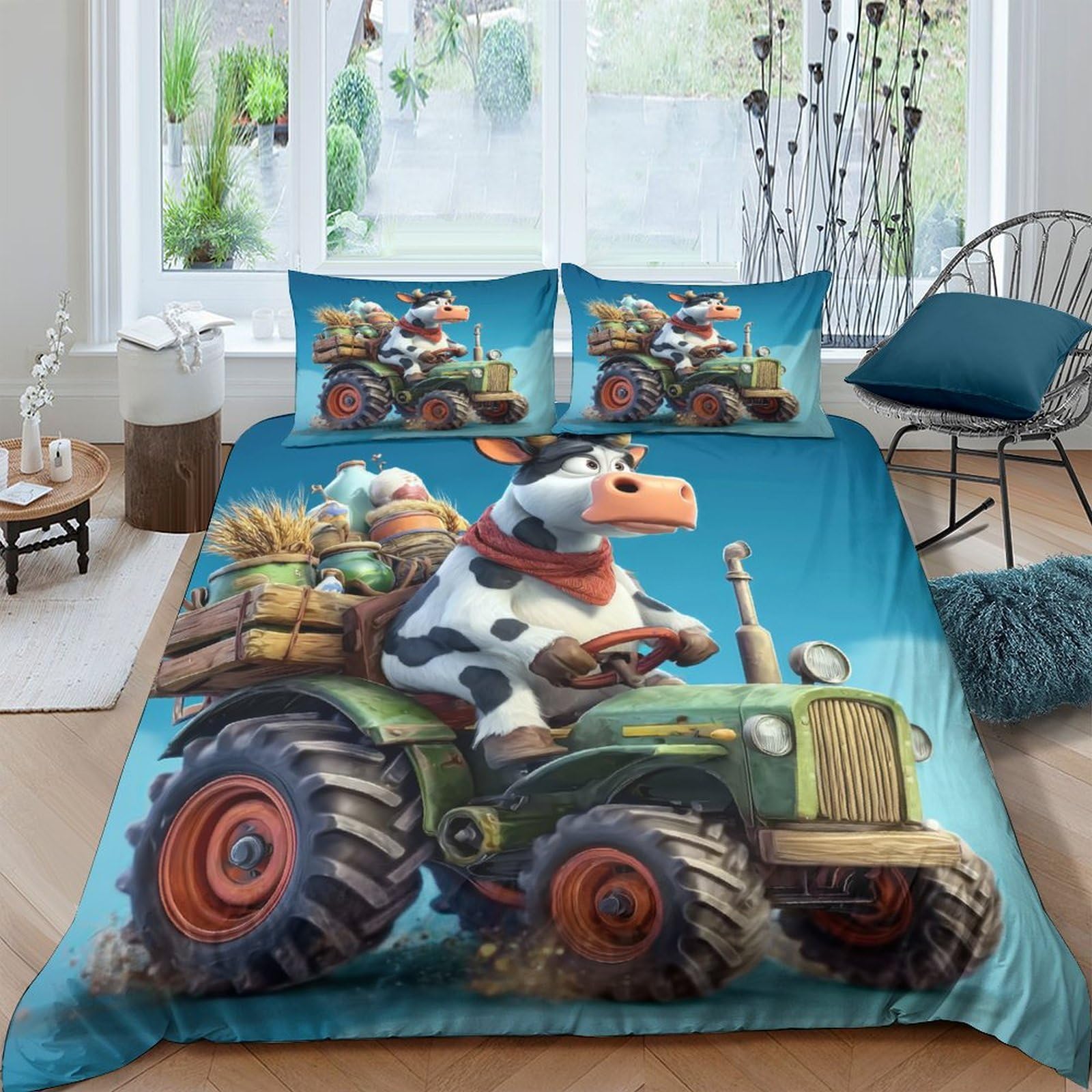 Ctjqhvkz Style-6 3D Printed Cartoon Cow Tractor Fitted Sheet Microfiber Soft Anti-Slip Mattress Cover For Bedroom Dorm Decorative Bedding Single（135X200cm）
