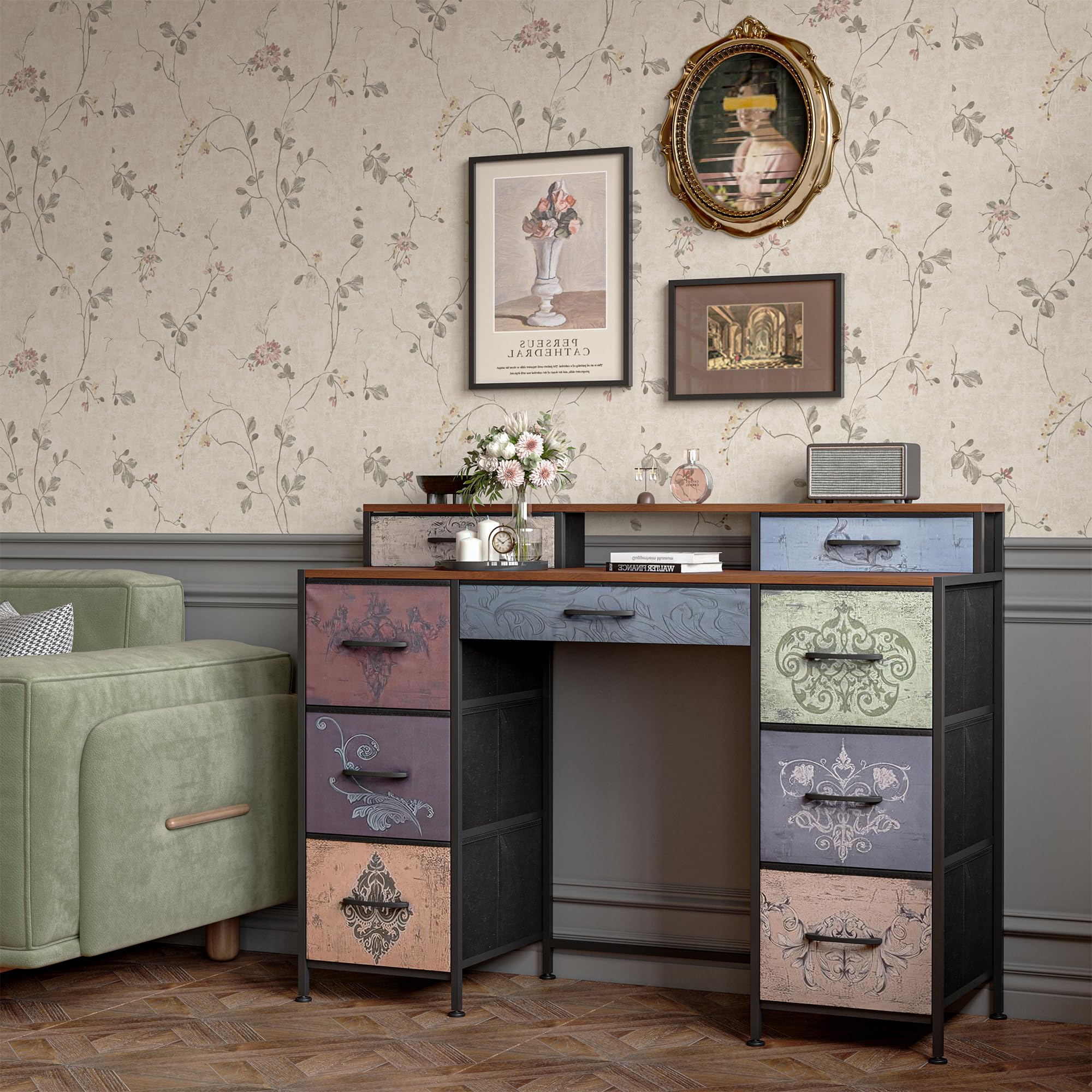 Tavolo da toeletta in legno con 8 cassetti, scrivania con cassetto e deposito in stile industriale, tavolo da trucco vintage senza specchio, mobile multiuso per camera da letto o ufficio (legno, 121 x