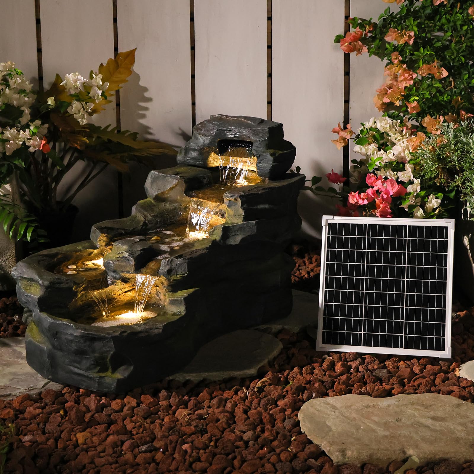 Bumilgar Solarbrunnen mit LED-Beleuchtung, 5-stufiger Etagenbrunnen aufstellbar, Naturstein-Optik Wasserfall-Brunnen für Terrasse, Balkon | Garten-Dekoration & Wohnaccessoire | 94 x 49 x 53 cm