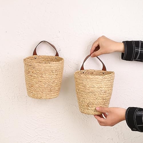 Miniatura 4 de YRMT - Cestas de almacenamiento colgantes de jacinto de agua, paquete de 2 cestas tejidas para colgar en la pared para organizar plantas de flores,