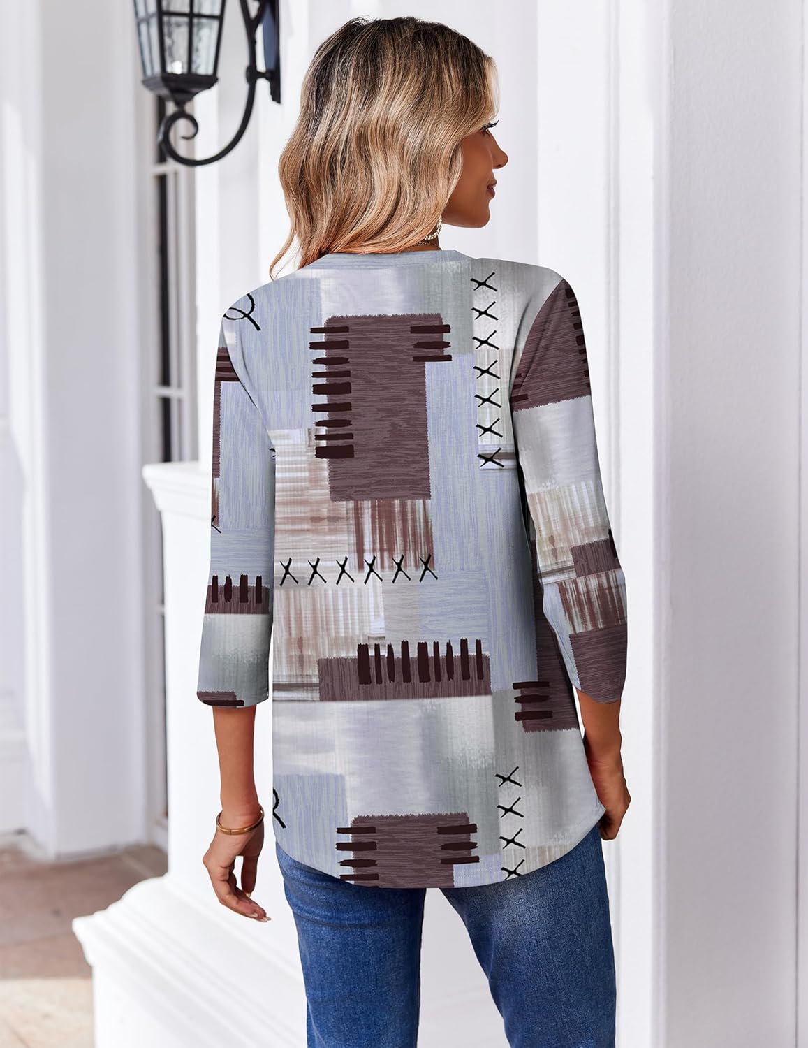 Zeagoo 3/4 Length Sleeve Womens Tops Casual V Neck Pleated Top Boho Floral Blouses Work Shirts - Image 6