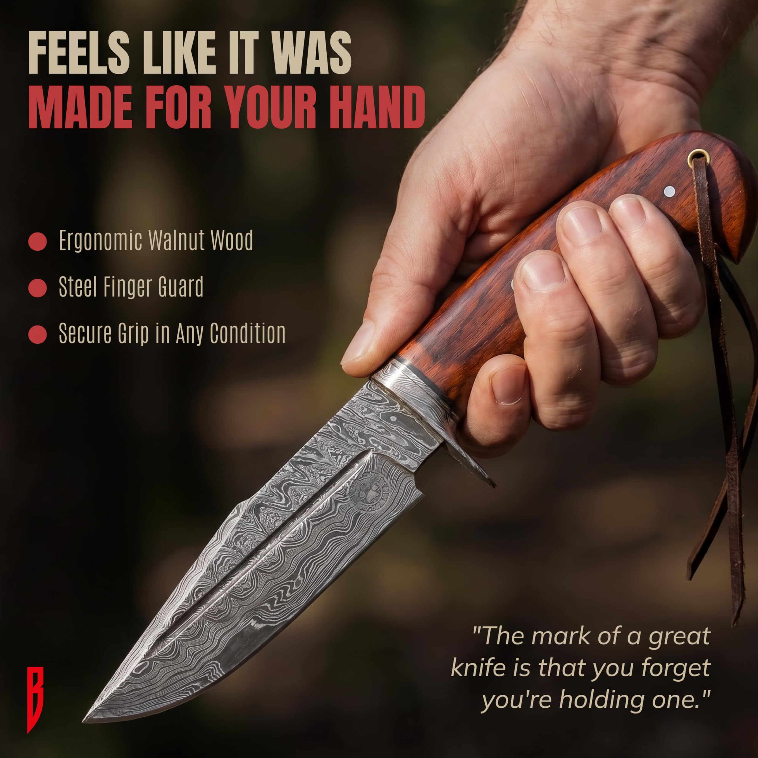 BIGCAT ROAR Deer Hunter - Coltello da Caccia in Acciaio Damasco Artigianale 25 4 cm - Manico in Legno di Noce e Fodero in Cuoio - Bushcraft Campeggio Sopravvivenza - Regalo Uomo Cacciatore