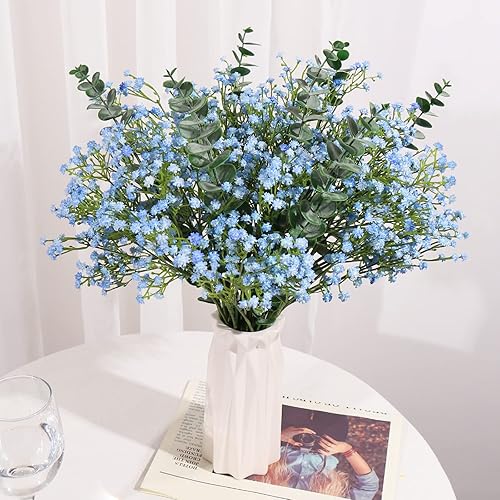 Miniatura 5 de DEEMEI 18 ramos de flores artificiales de eucalipto falsas de flores de gypsophila azules artificiales de tacto real para bodas, arreglos florales,