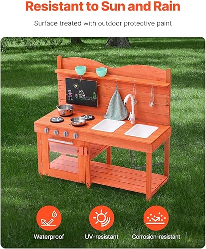 Miniatura 2 de VEVOR Cocina de madera para jugar al aire libre para niños, diseño extra ancho de 41.3 pulgadas con estufas realistas, 2 fregaderos extraíbles,