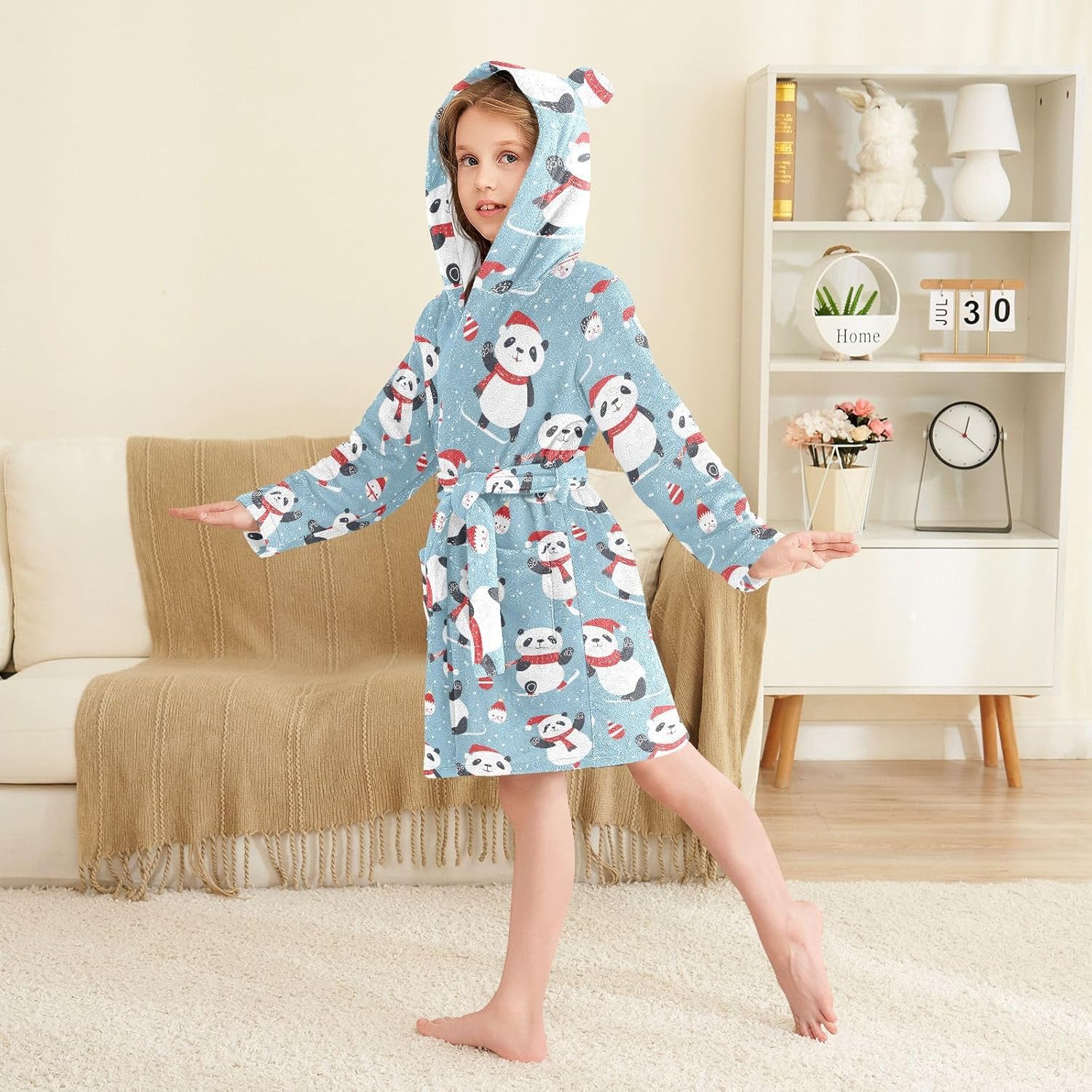 senya Panda Skiing D Toddler Hooded Bathrobe Kids Soft Plush Bath Towel Robes for Boys Girls 2-12 Years