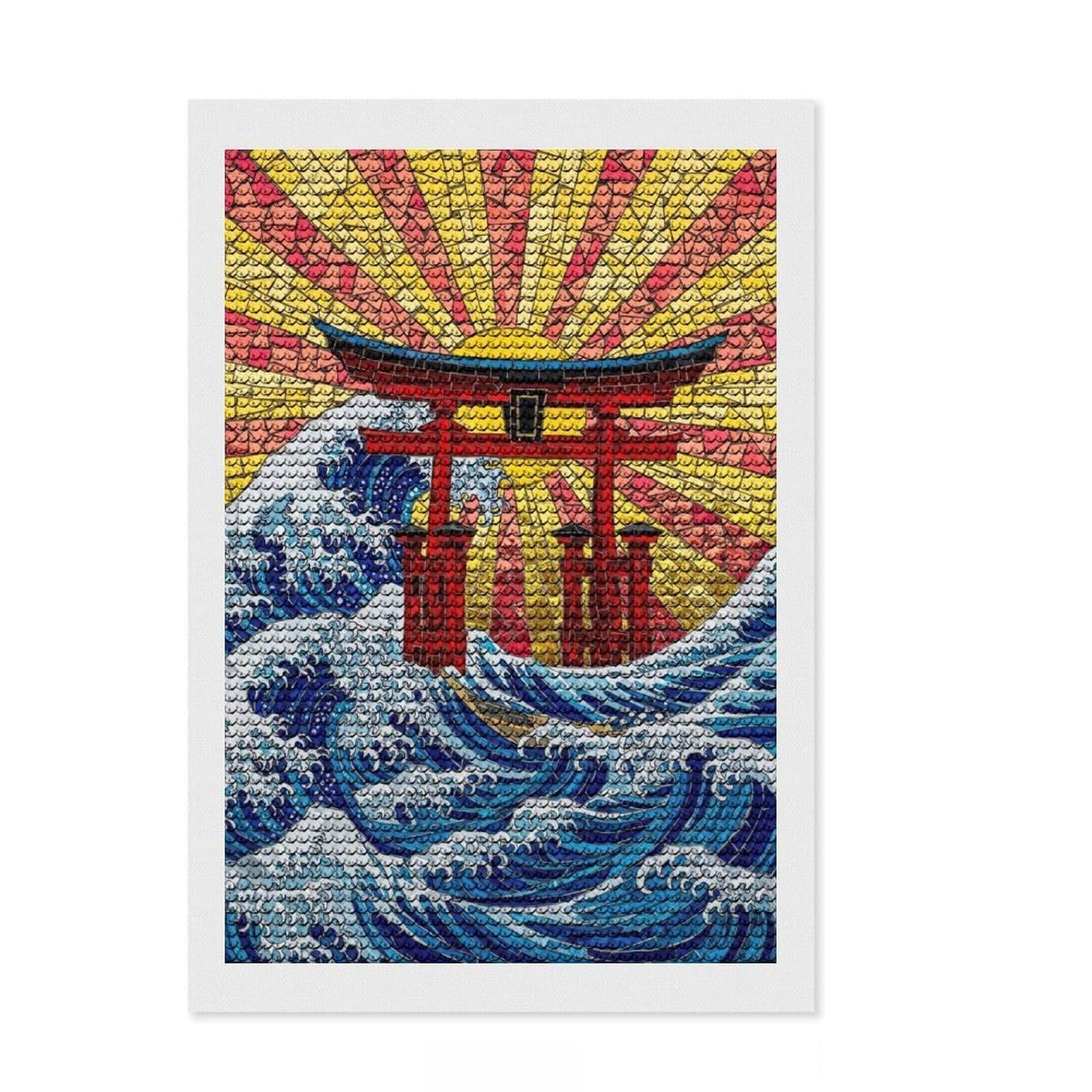 Junmoney Mosaic Torii Gate and Ocean Waves Round Drill Diamond Painting 8"x12", for Adults, Calming Craft to Unwind, Vintage Style Decor, Christmas Gift