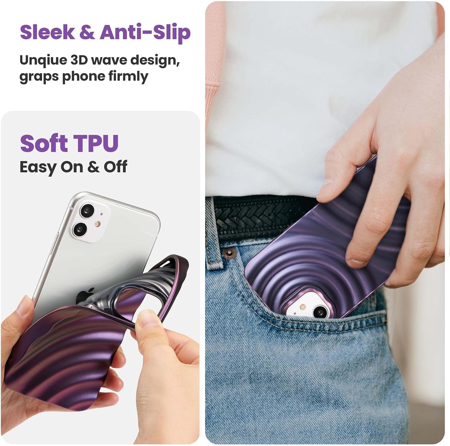 ZCDAYE Designed for iPhone 11 Case, Cute Water Ripper Pattern Phone Case Silky Touch Glossy Chic iPhone Case for Women Girls, Soft TPU Bumper Shockproof Cover for iPhone 11 (6.1 inch), Purple image 5