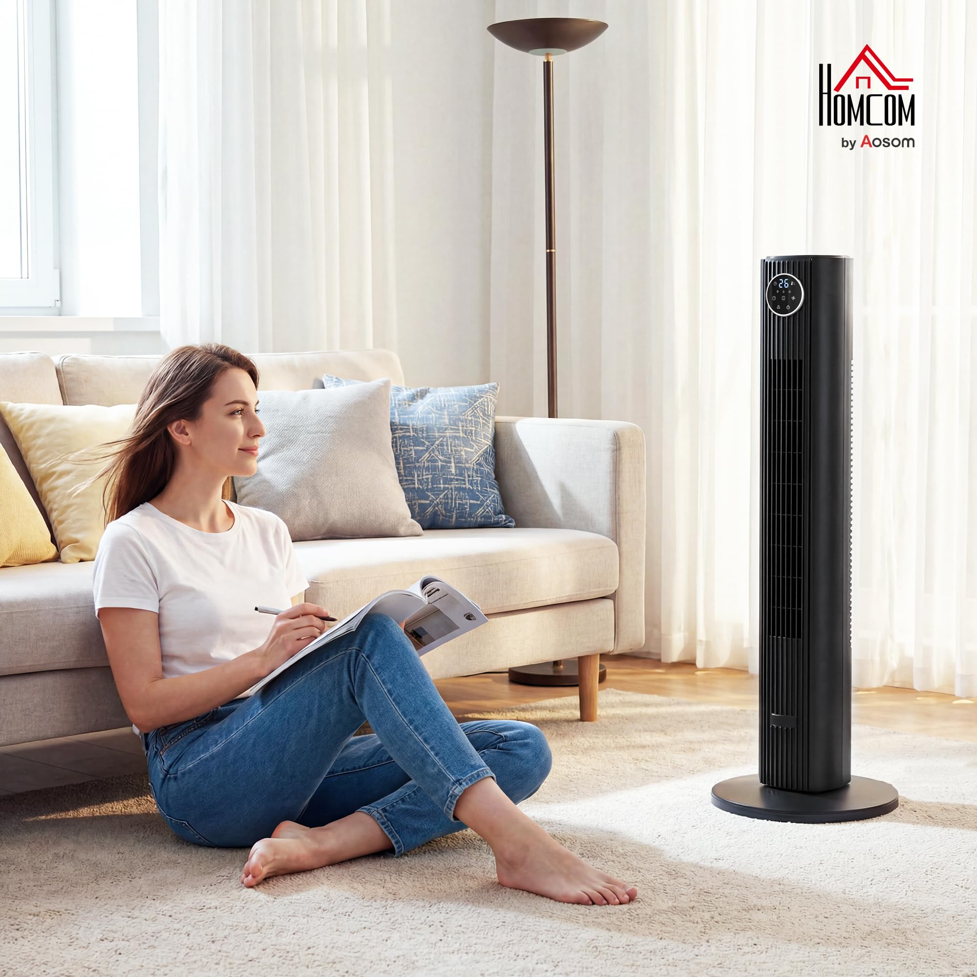 HOMCOM Ventilateur colonne silencieux 28dB, vitesse 8m/s, ventilateur tour pour chambre, 90,5cm de haut, moteur BLDC, oscillant 80°, écran LED, télécommande, 12 vitesses, 4 modes, minuterie 12H, noir