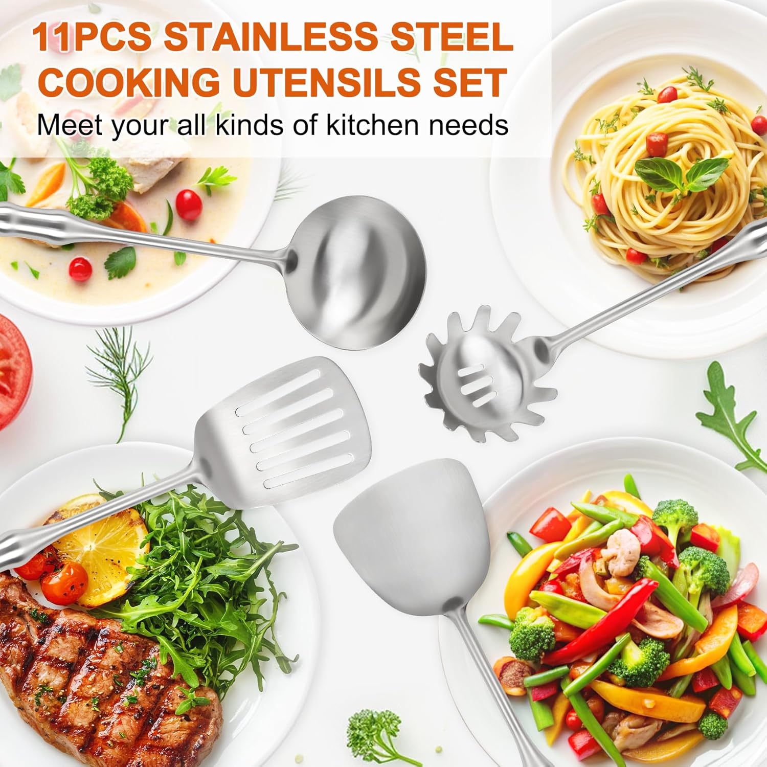 304 Stainless Steel Kitchen Utensils Set, 11PCS Metal Cooking Utensil Sets, Stainless Steel Cooking Utensils Set Include Meat Fork, Tongs, Turner, Soup Ladle, Dishwasher Safe