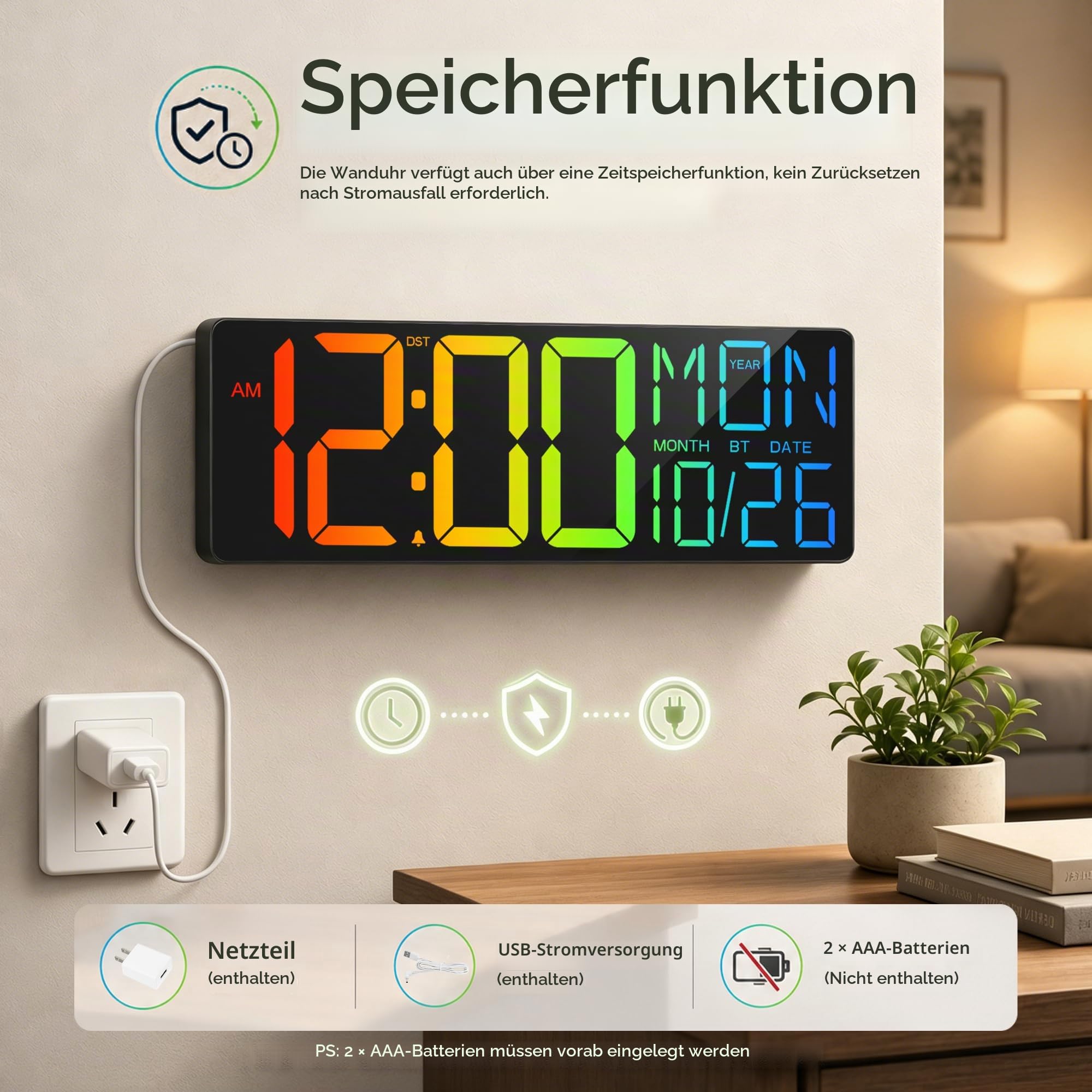 Maxstar 18" Digitale Wanduhr mit Fernbedienung, Temperatur- und Datumsanzeige, Countdown-Timer, 12/24h Format, klare Großziffern, geeignet für Wohnzimmer, Küche, Schlafzimmer und Büro (schwarz)