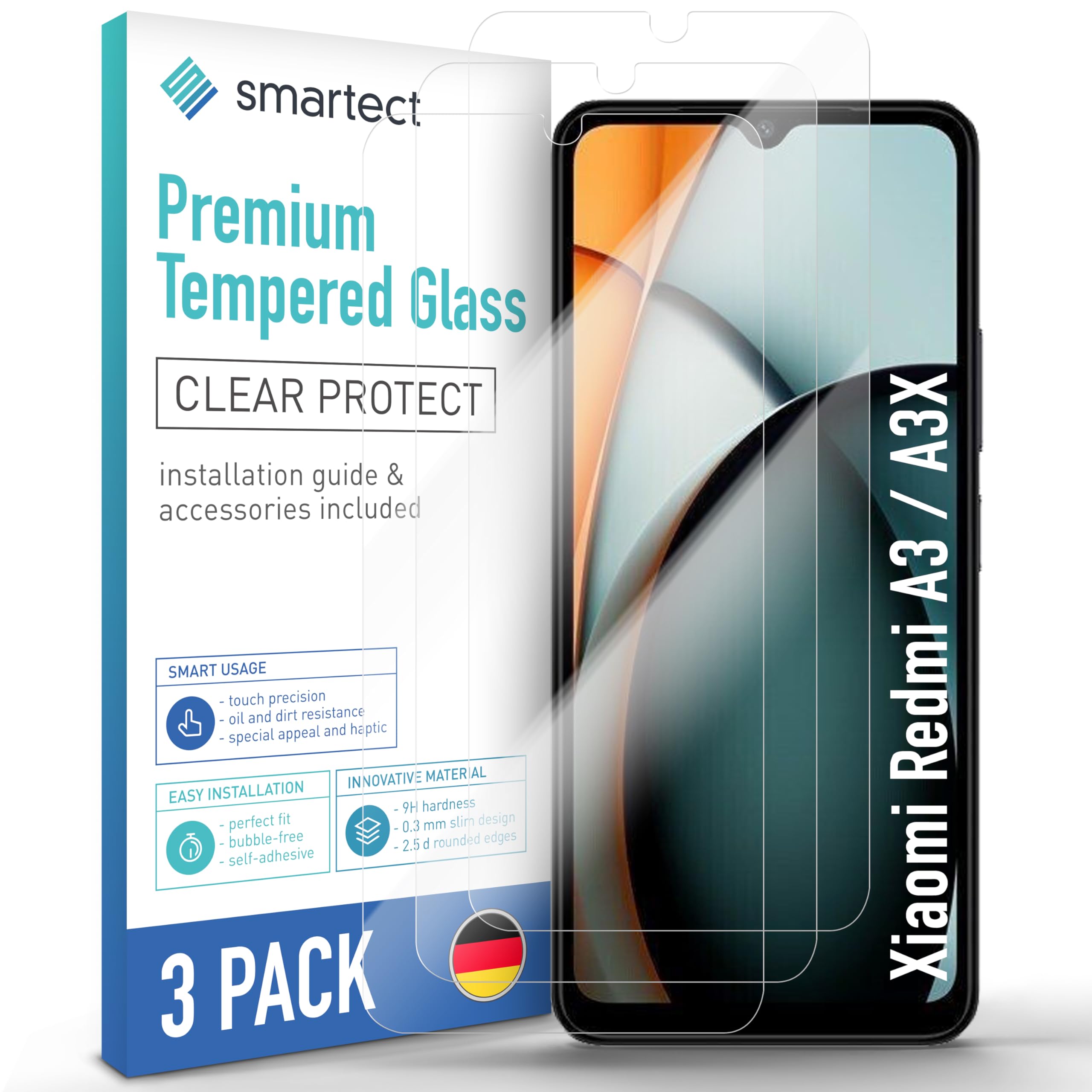 Smartect 3 Pezzi Vetro Temperato 9H Per Xiaomi Redmi A3 / A3X: Pellicola Trasparente Anti Graffio, Senza Bolle