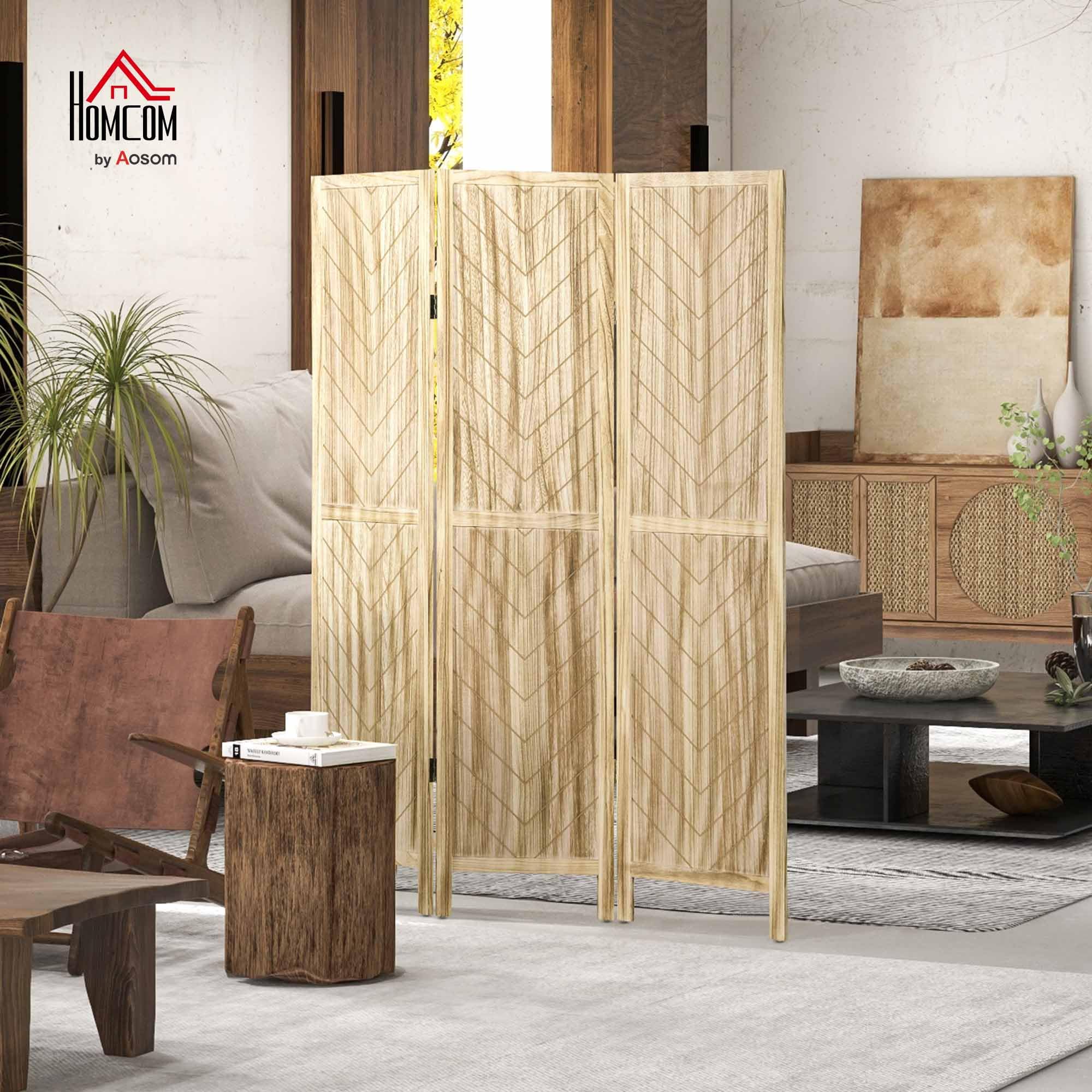 HOMCOM Paravento da Interno 3 Pannelli Pieghevole 120x170 cm Color Legno | a Spina di Pesce, Separé Divisorio Interno, in Legno