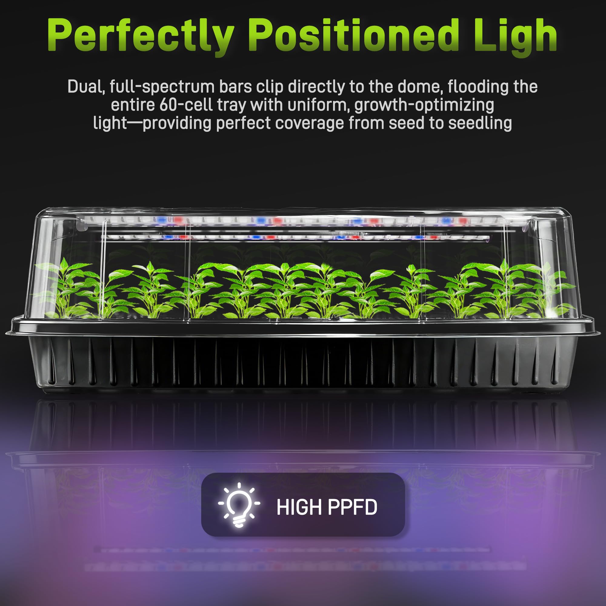 Mulctun Bandeja de inicio de semillas de 120 celdas con luz de crecimiento, bandejas de inicio de plántulas con cúpula de humedad de 4.1 pulgadas, bandejas de germinación de plantas de riego