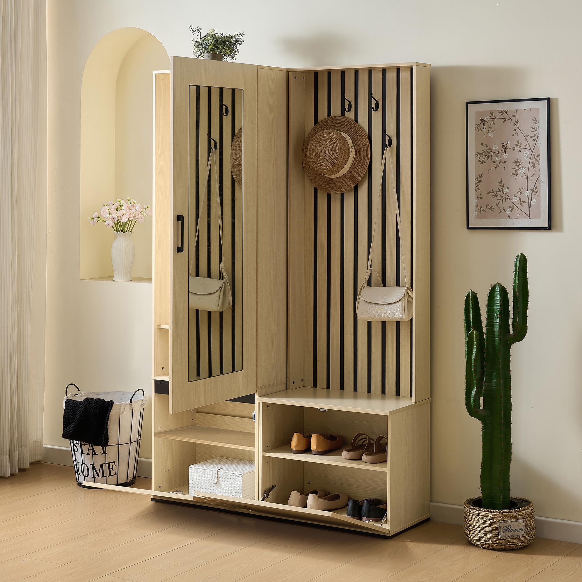 Merax Garderobenschrank mit Spiegel und Sitzbank – Modernes Flurmöbel-Set mit Schuhablage, ausziehbarer Kleiderstange, 4 Haken, Stauraum für Flur, Schlafzimmer & Eingangsbereich