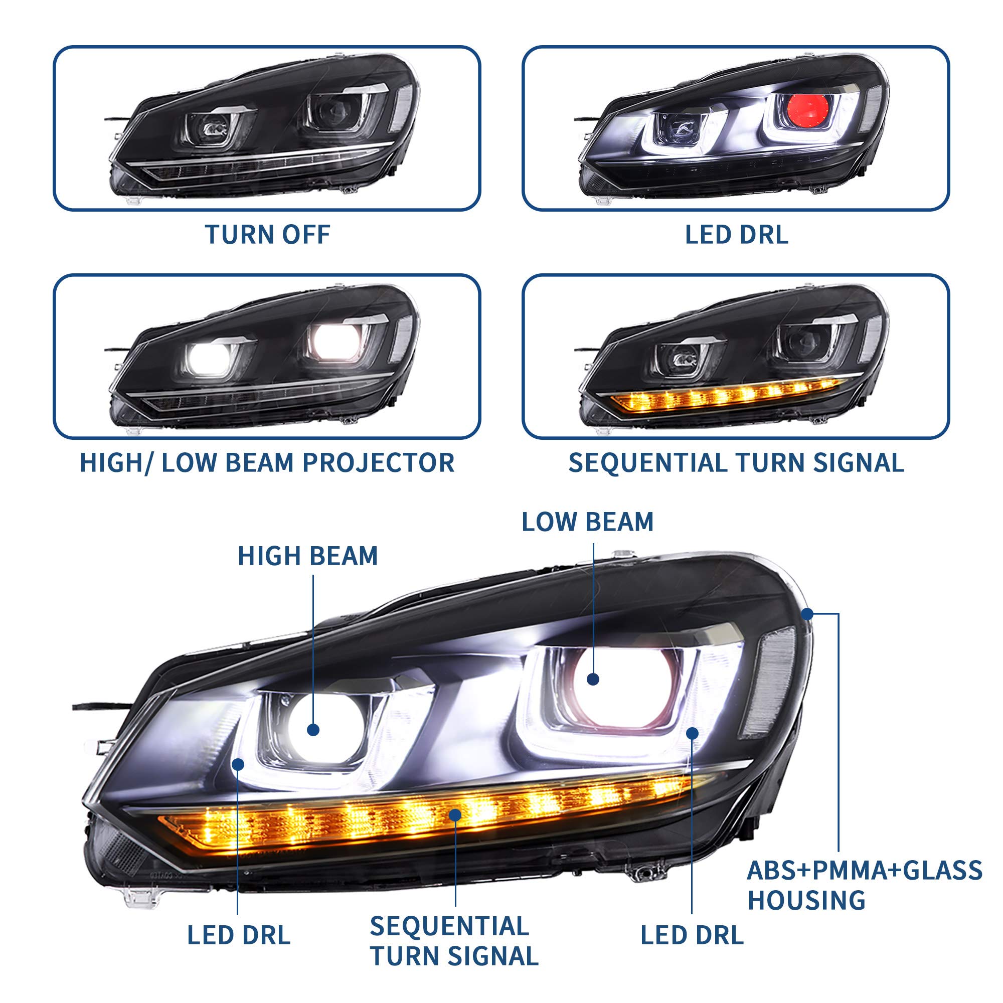 VLAND - Fari di Ricambio per Golf 6 MK6 TSI 2008-2013 [Non Adatto a GTI/R/TDI] Set di Fari Anteriori, Con Indicatore Sequenziale (Demon Eyes)