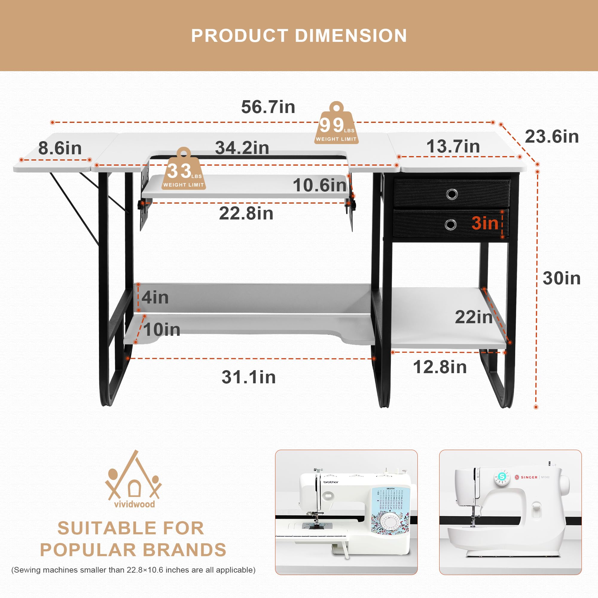 Mesa plegable para máquina de coser, mesa de coser multiusos con plataforma ajustable, estante de almacenamiento y 2 cajones de tela (blanco cálido)
