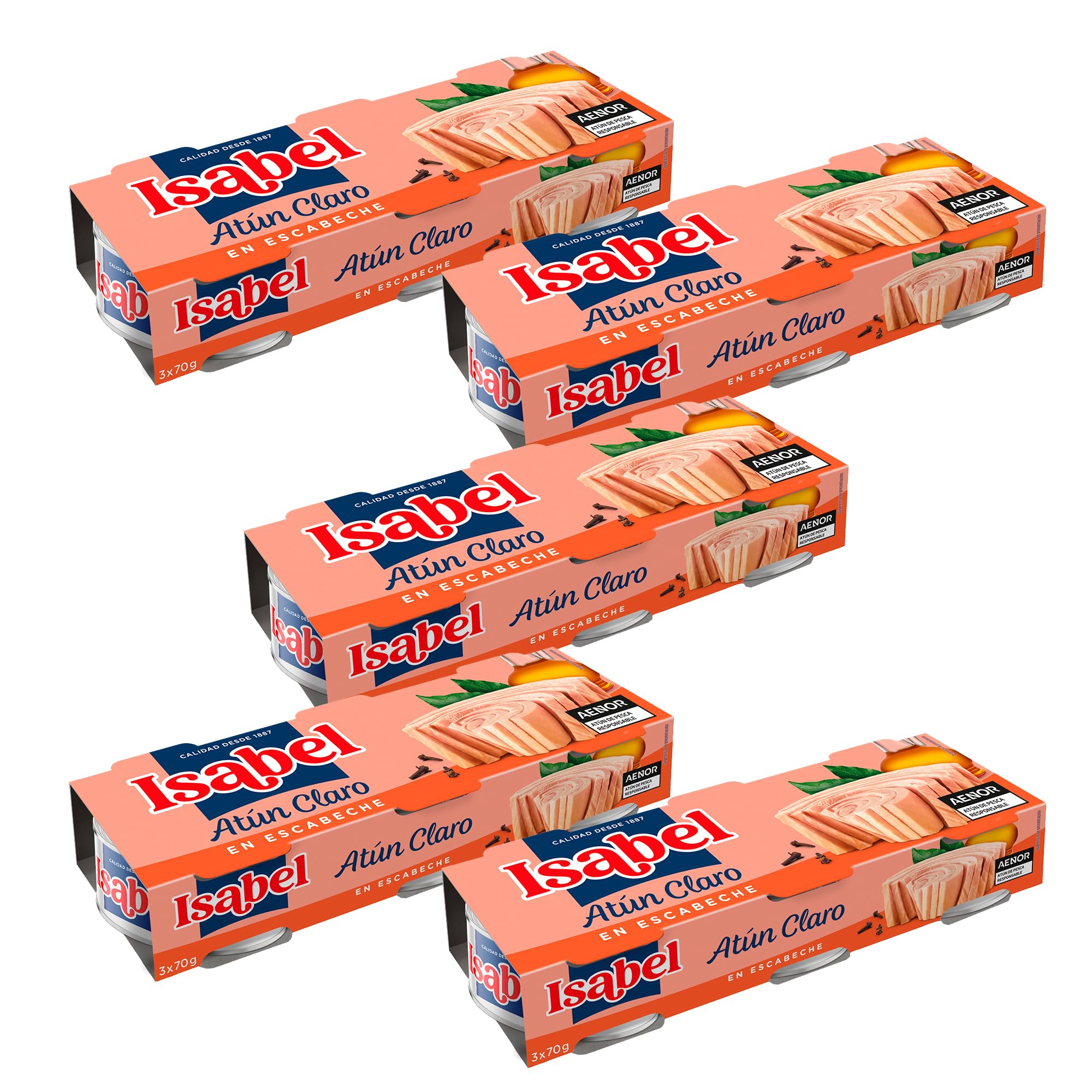 Isabel Atún claro en escabeche, 1 pack de 5 estuches de 3 latas de 65gr