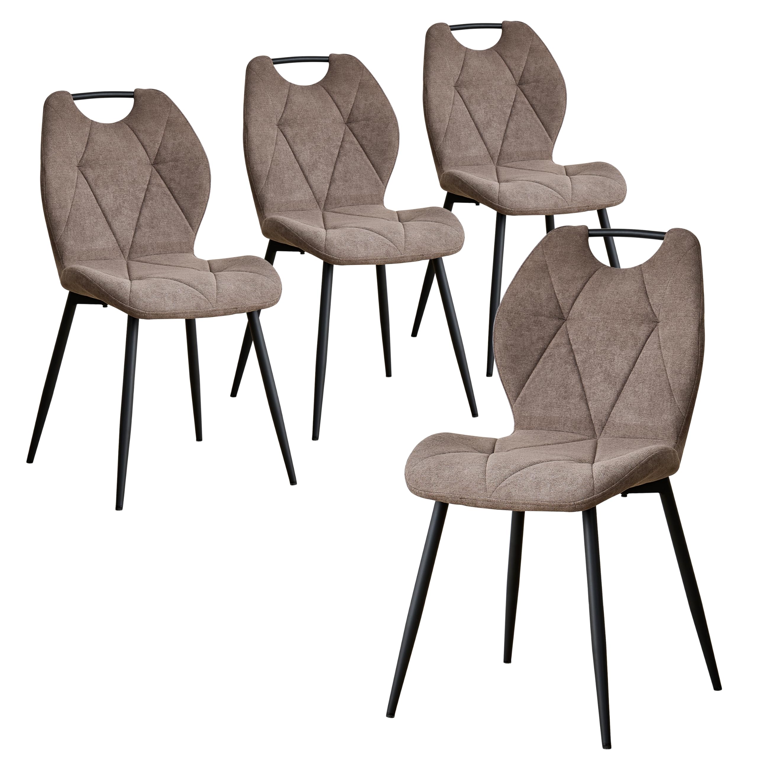Juego de 4 Sillas, Sillas de Comedor Tapizadas, Sillas de Cocina de Estilo Escandinavo, Patas de Metal, Cojines de Tela con Estampado de Rombos y Asas, Marrón