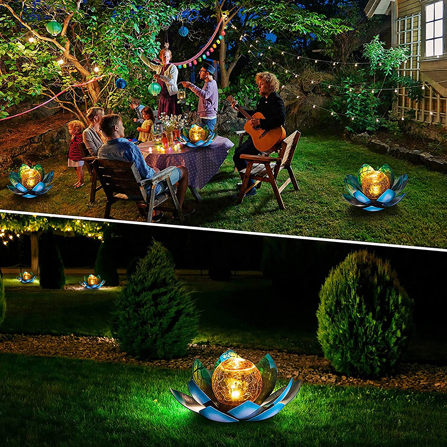 Lámpara solar LED de loto con bola de cristal agrietado, decoración de jardín al aire libre, linterna solar de metal, lirio de agua, luces LED de paisaje, lámpara de mesa al aire libre (azul)
