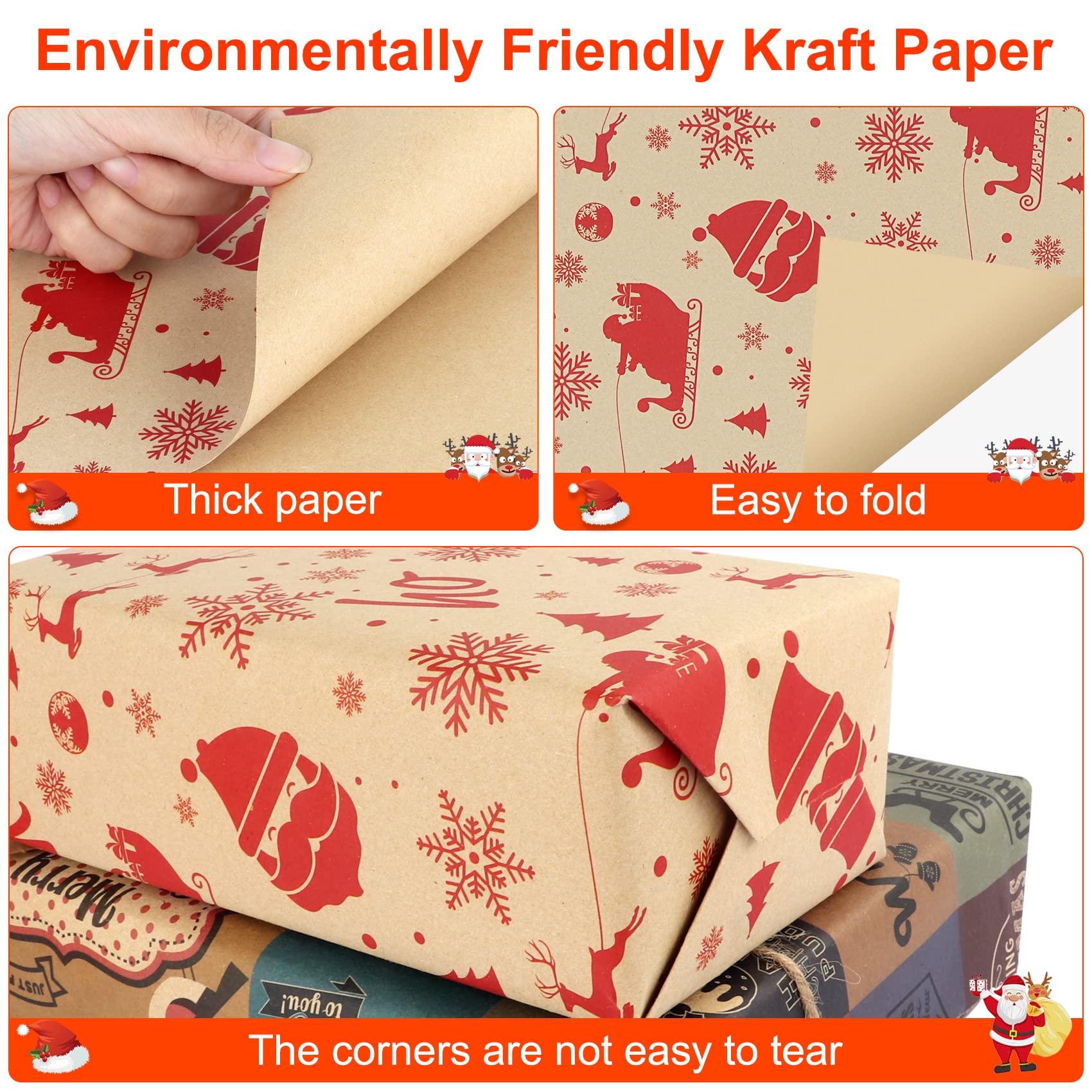 Carta Da Regalo Natale Kraft - 6 Fogli 70x50 Cm, Con Etichette E Cordini - Foto 13