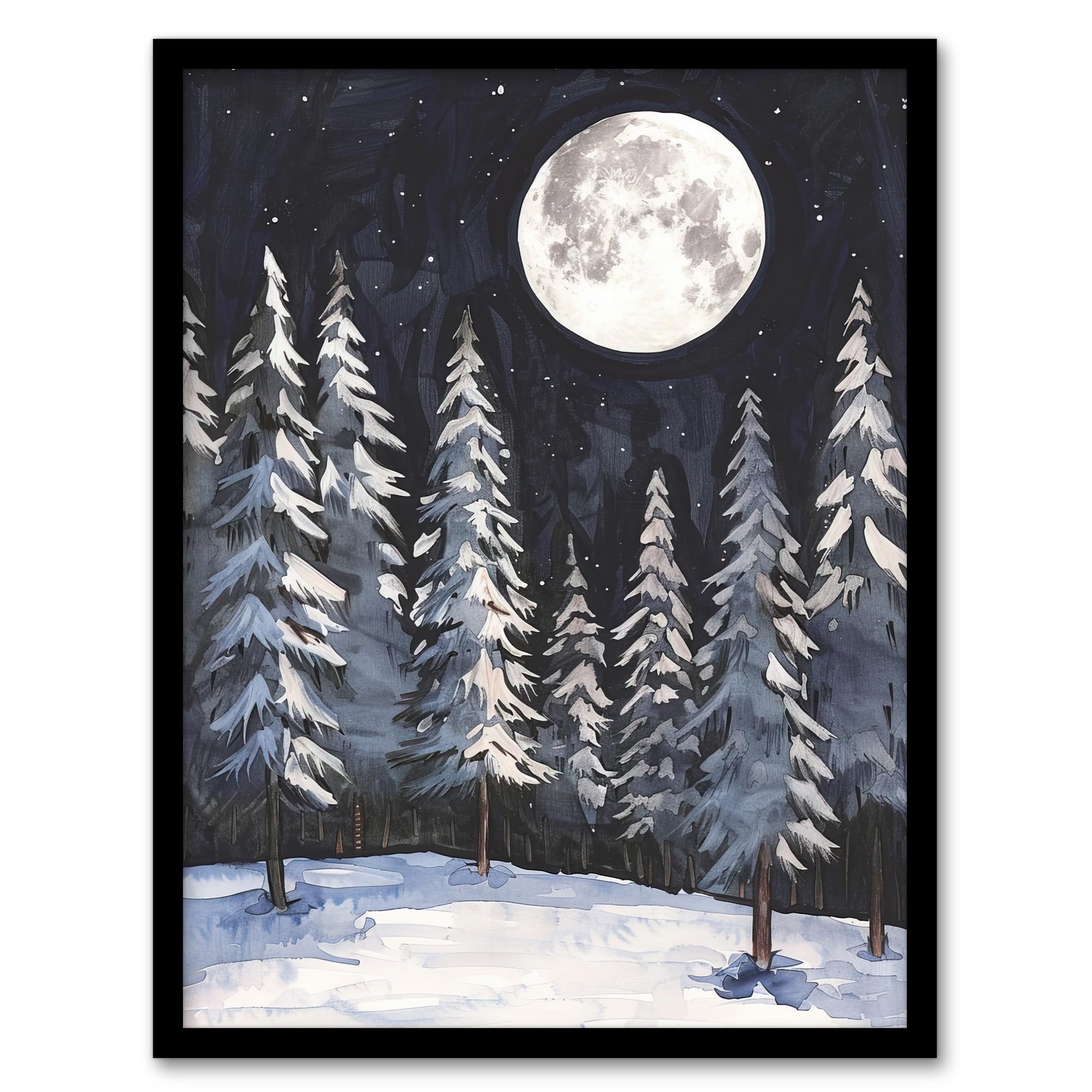 Artery8 Full Moon Over Winter Forest Landscape Snowy Trees Living Room Artwork Framed Wall Art Print A4
