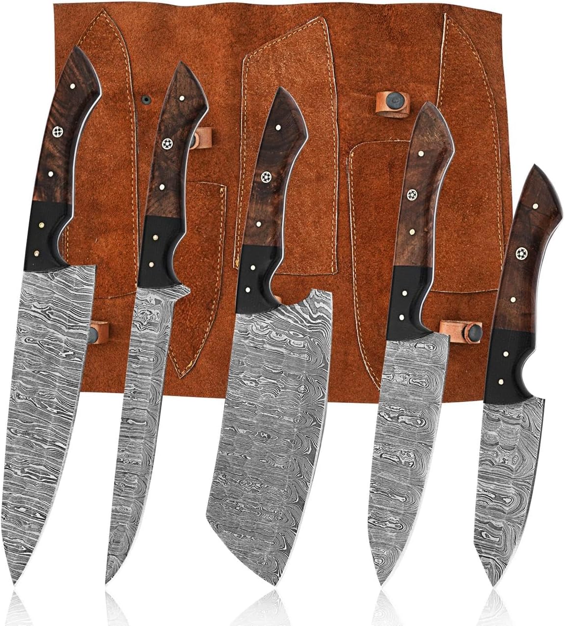 Damascus Steel Kitchen Knife Set, 5 PCS Hand Forged Chef Knife Set With Leather Roll Kit Christmas gift kitchen and Dinning