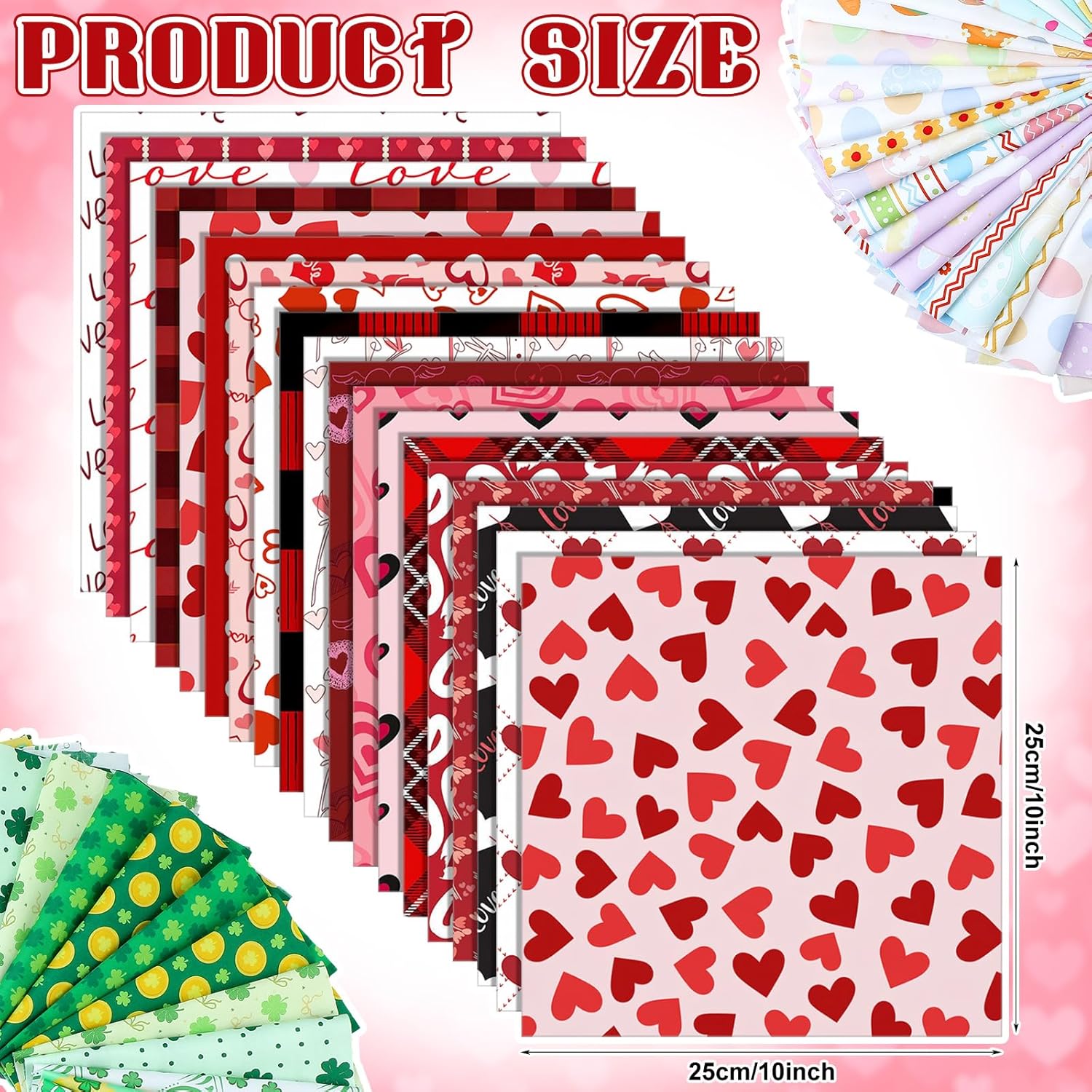 Moukeren 120 Pcs 10 x 10 Inch Romantic Valentine Easter St Patrick's Day Cotton Fabric Squares for Quilting Fabric Bundle Craft Fat Quarters Squares Patchwork for DIY Crafts Handmade Accessory