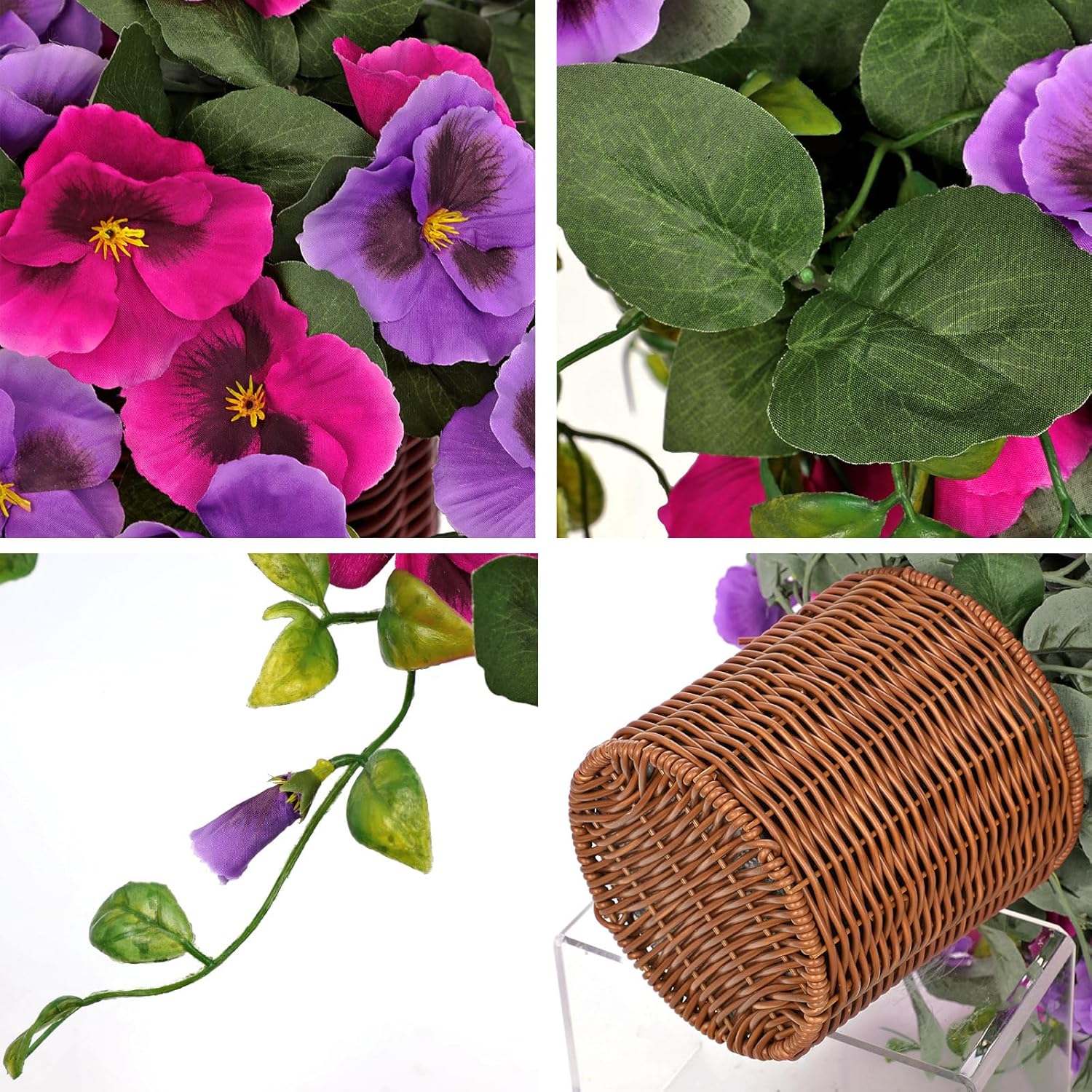 Briful Artificial Pansy Flowers, Potted Faux Cascading Flowers in Basket, Farmhouse Table Decor, Livingroom Dining Table Decor, Entryway Tabletop Décor Fake Flowers for Home Indoor, Fuchsia