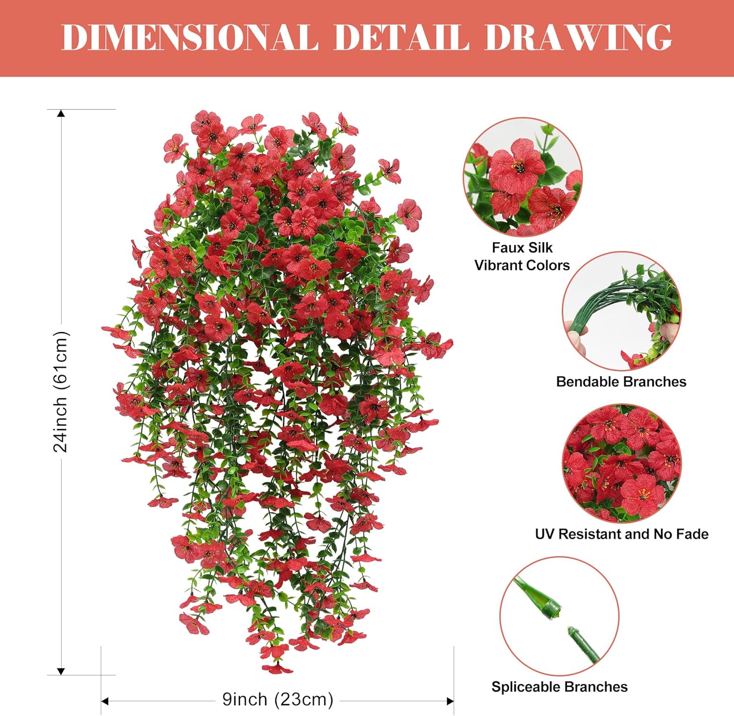 Artificial Fake Hanging Flowers Plant Spring Decoration for Outdoor Faux Silk Daisy with Eucalyptus Leaves 4 Pcs Look Real UV Resistant Indoor Outside Garden Porch Patio Balcony Yard Farmhouse(Red)