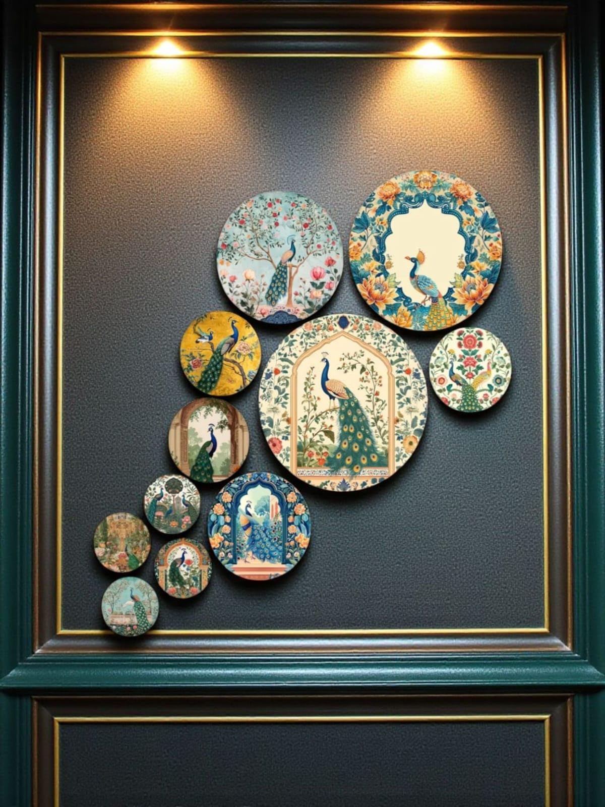 DECOR DYNAMIC Vintage Peacock Wall Art Plates Set, 12 Round Decorative Pieces, Oriental Floral Design, Multi-Colour