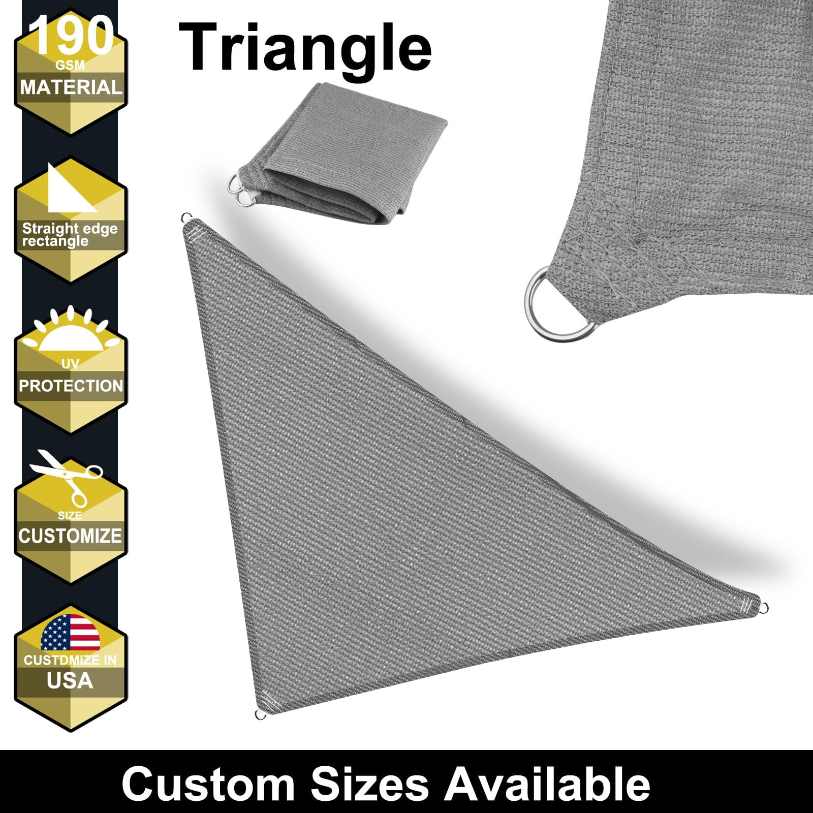 5' x 6' x 7.8' Gray Straight Edge Sun Shade Sail, Triangle Awning Outdoor Shade Cloth Pergola Cover UV Block Fabric- Customized