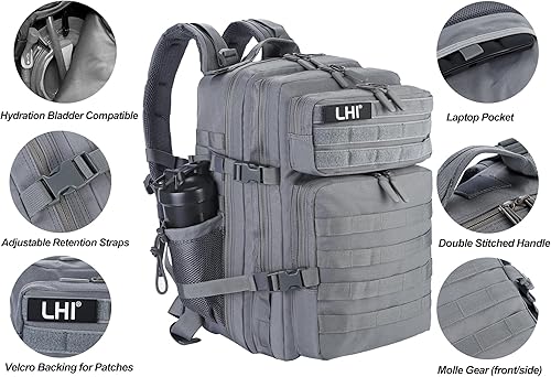 Miniatura 156 de LHI Military Tactical Backpack for Men Molle Daypack 45L Army 3 Days Assault Pack Bag Large Rucksack With Bottle Holder(12*20*12)