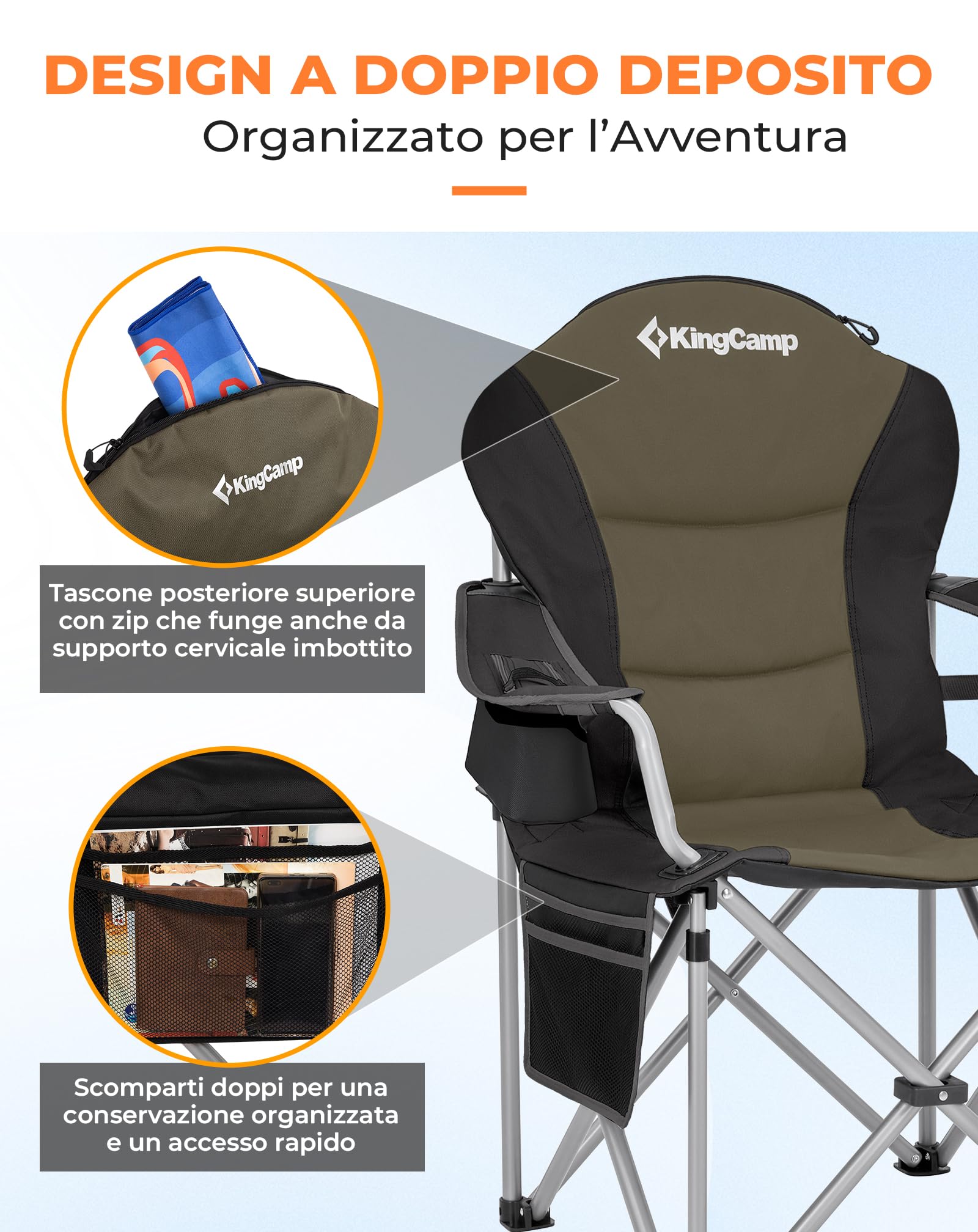 KingCamp Sedia Campeggio Pieghevole Ergonomica Imbottita XXL 250 kg | Sedia con Supporto Lombare Regolabile, Borsa Termica e Braccioli per Camping Giardino Pesca Spiaggia e Festival