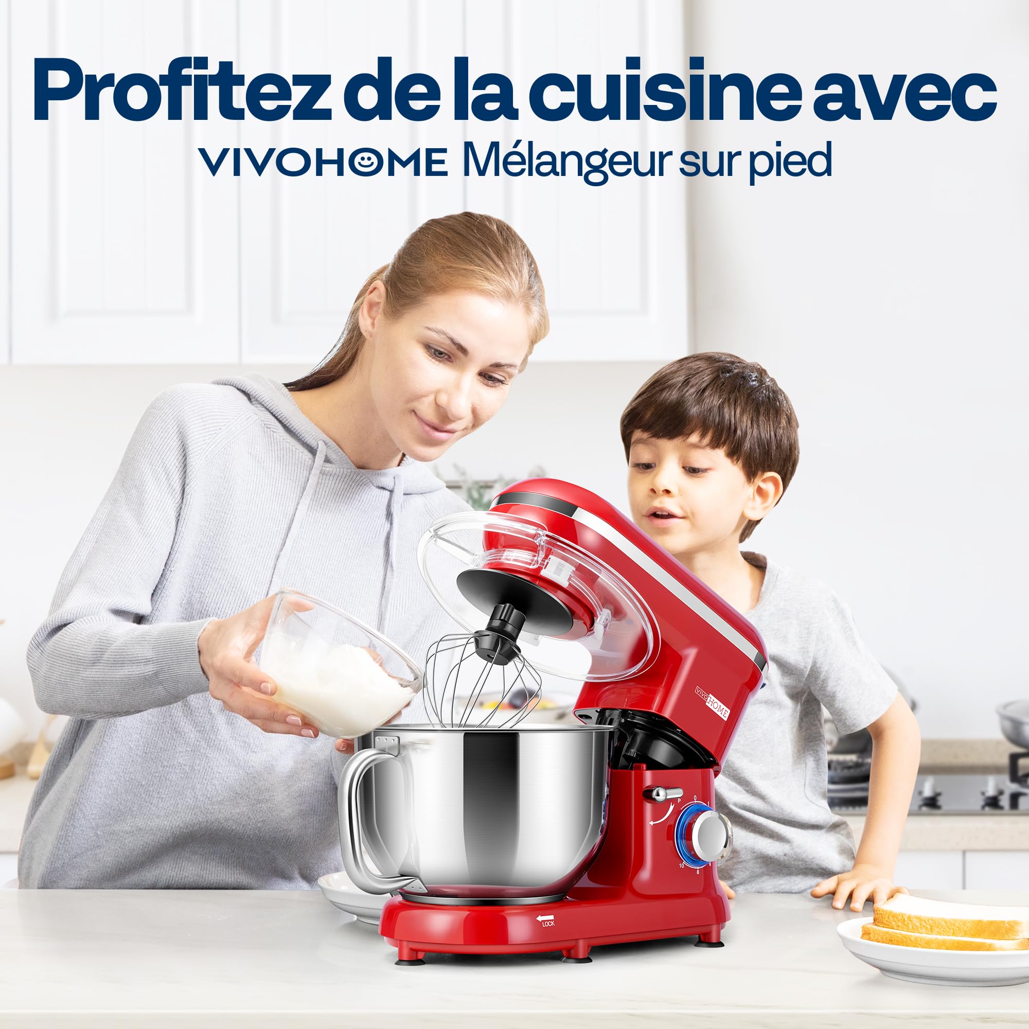 VIVOHOME Robot Pâtissier 1500W 5,7L 10 Vitesses avec Bol Inox | Batteur Sur Socle avec Crochet Pétrisseur Fouet et Bol Acier Inoxydable pour Pâtes Gâteaux Desserts
