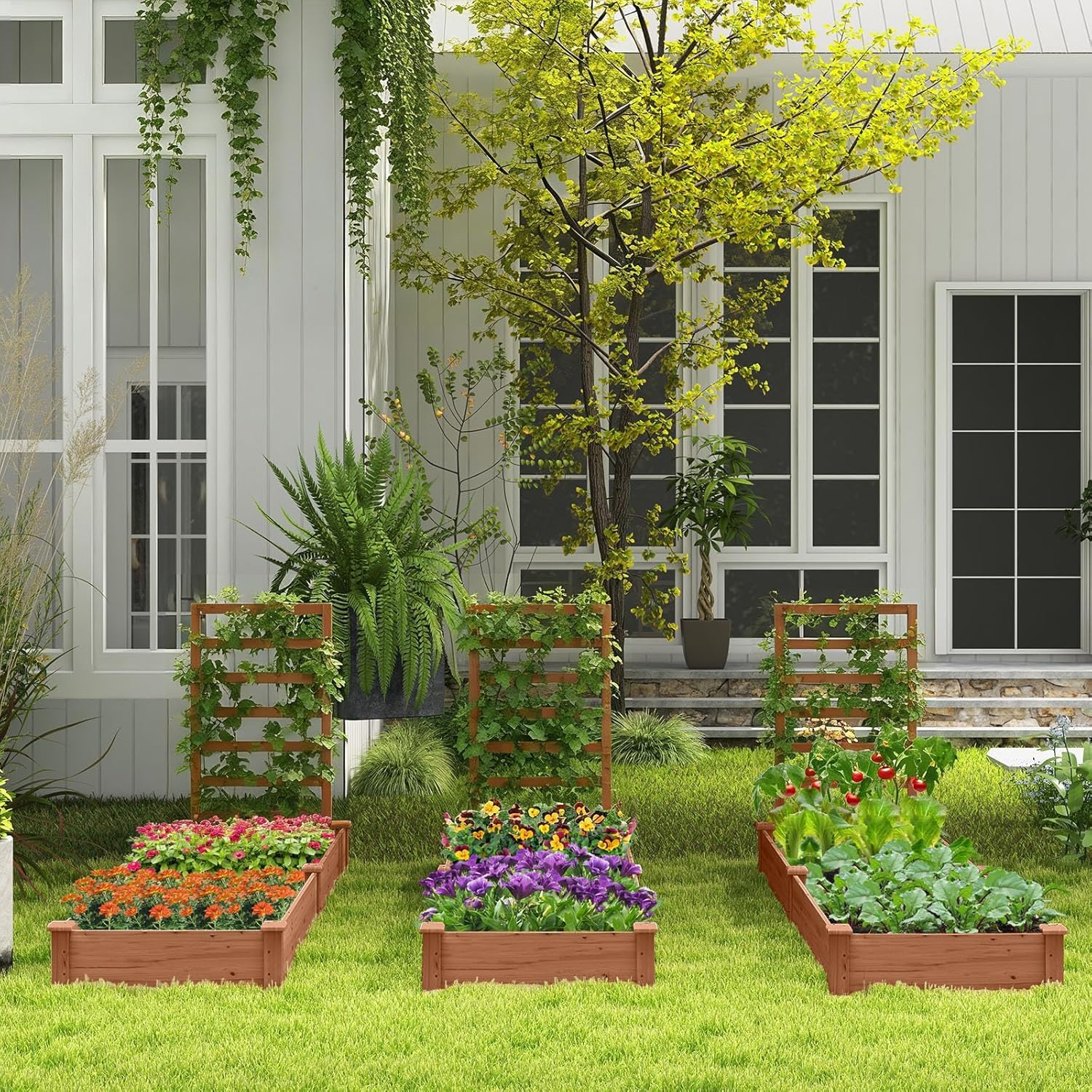 GOPLUS Carre Potager avec Treillis, 235x63x102 CM, Jardinière en Bois avec Fond Ouvert pour Fleur, Légume, Herbe Grimpante, Bac à Plantes, Assemblage DIY, Potager Exterieur pour Jardin, Patio, Balcon