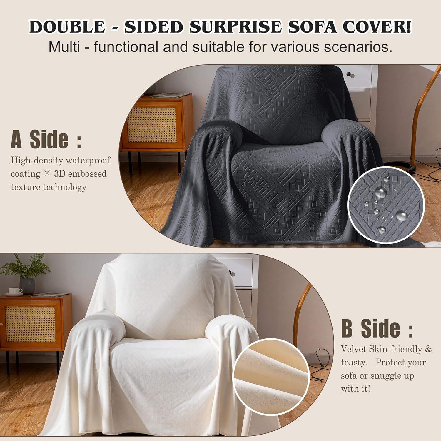 Waterproof Recliner Chair Covers, Anti-Slip Reclining Chair Covers, Pet-Friendly, Washable, Durable and Breathable Couch Covers – Reversible Design for Sofa Protection(71x71in/Dark Grey)