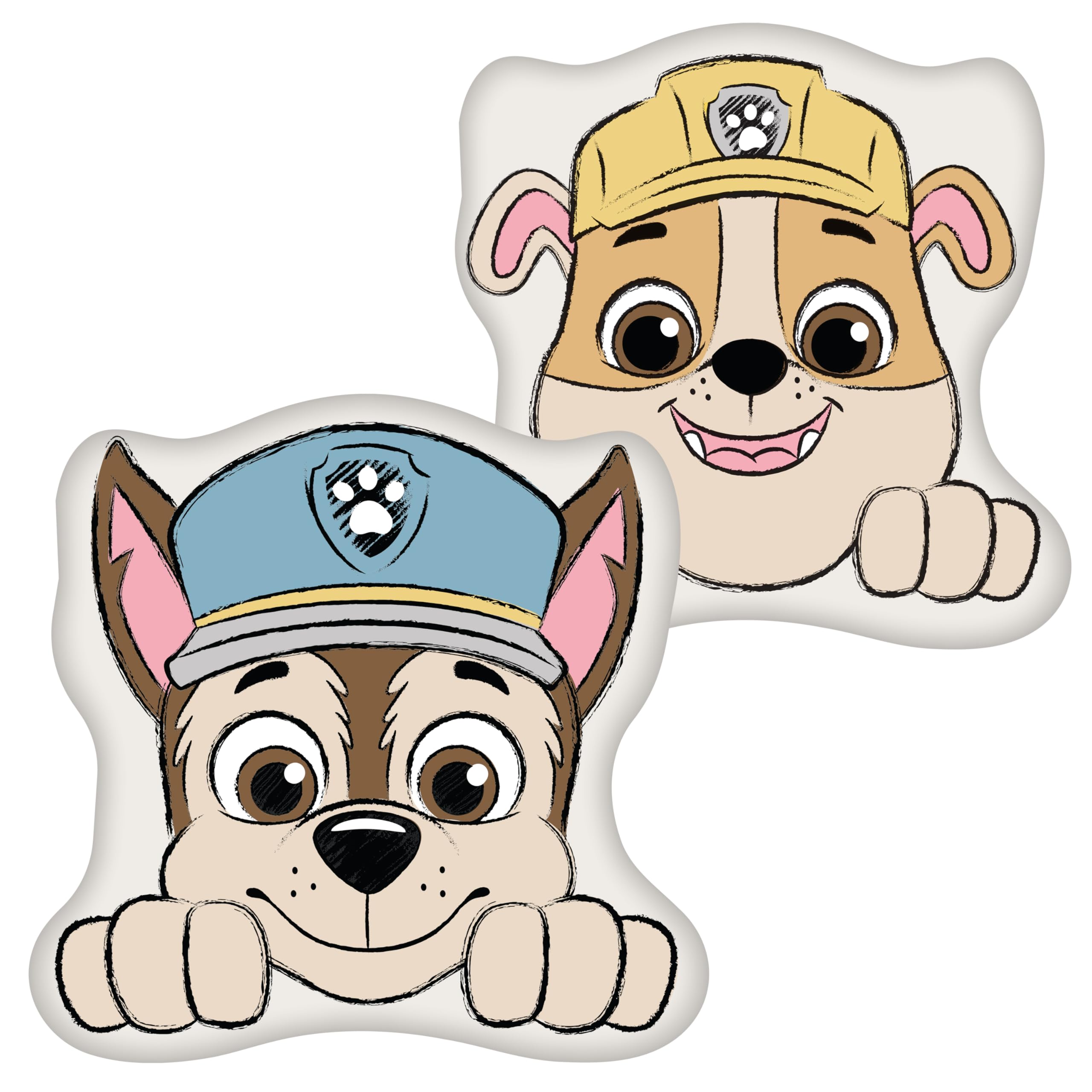 Paw Patrol Official Shaped Chase and Rubble Dog Cushion, Super Soft Reversible 2 Sided, Sketchy Design Pillow, Perfect for the Bedroom or on the Sofa