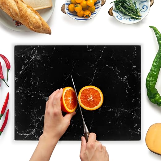 Kitchenville Tagliere da Cucina in Vetro Temperato 40×30 cm – Infrangibile, Antigraffio, Antiscivolo & Resistente al Calore – Effetto Marmo Nero