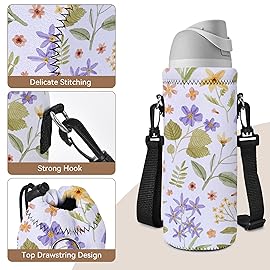 AUPET Water Bottle Sling Bag Carrier Crossbody Sleeve,Insulated Neoprene Bottle Case Holder Pouch Cover 500ML/17oz with Shoulder Strap for Walking Women Men (Pressed Flower Art)