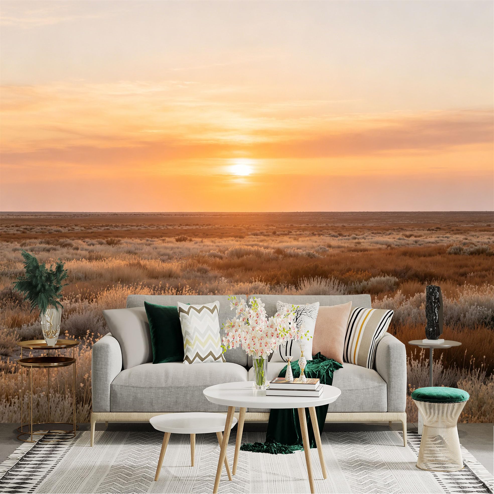 Lnzczhyre Dbh260521959 Custom Size Wall Sticker Mural， Warm Sunset Over Desert Landscape， Golden Hour Horizon， Wild Prairie Scenery， For Wall Decoration， Peelandstick Wall Decals.
