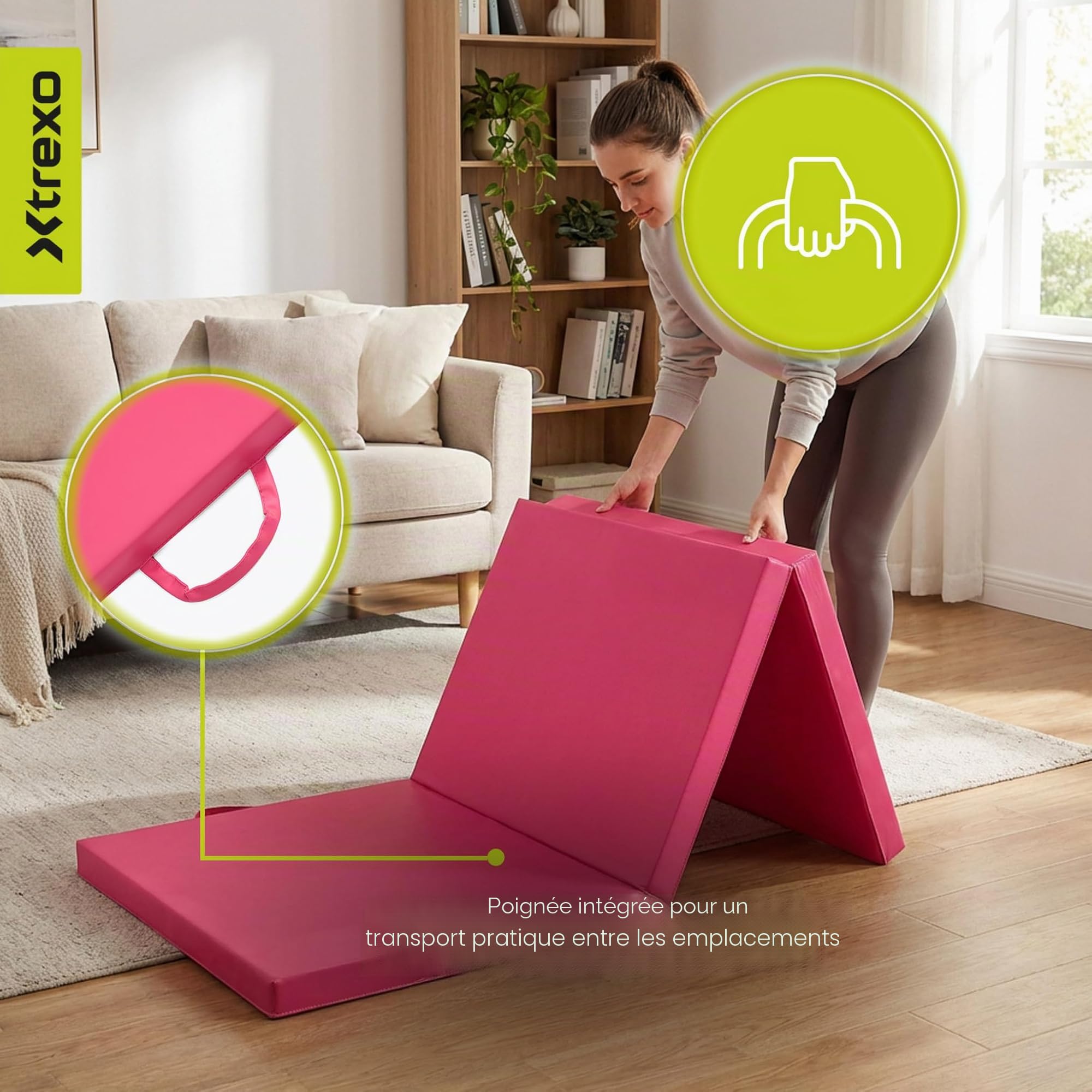 TREXO – Tapis de Gymnastique Pliable 180 x 60 x 5 cm 3-Panneaux – Tapis d’Entraînement Portable avec Poignée, Mousse EPE & Revêtement Similicuir – Rose