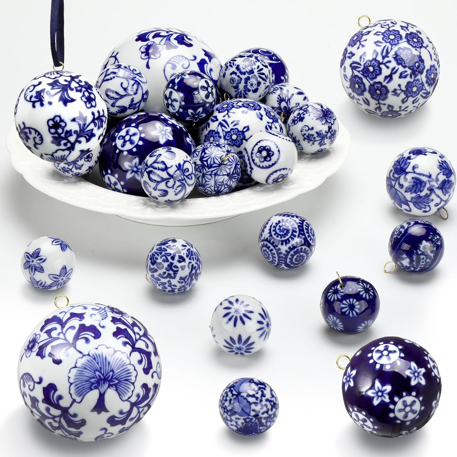 24 Pcs 3.2", 2.4", 1.6", 1.2" Blue and White Ceramic Balls Decorative Balls for Bowls Chinoiserie Porcelain Decor Orbs Vase Filler Blue White Porcelain Decorative Orbs for Basket Bowl