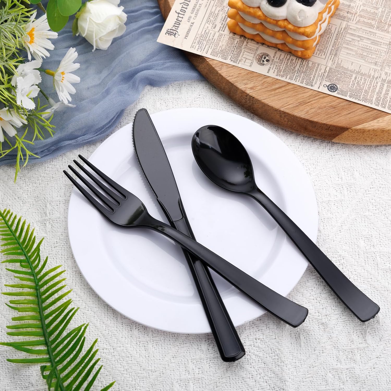 EI 360pcs Black Plastic Silverware,Disposable Cutlery,Plastic Silverware Heavy Duty,Plastic Spoons and Forks include 120pcs Forks,120pcs Spoons and 120pcs Knives,for Wedding,Birthday,Tea Party