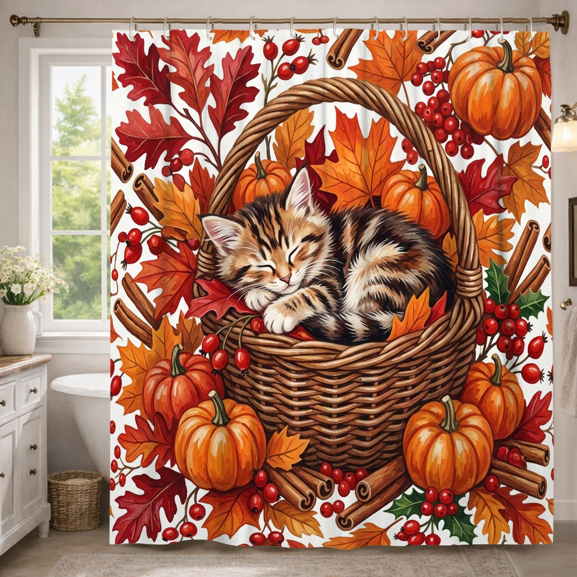 Rideau de douche lavable extra long imperméable motif feuilles d'automne avec crochets