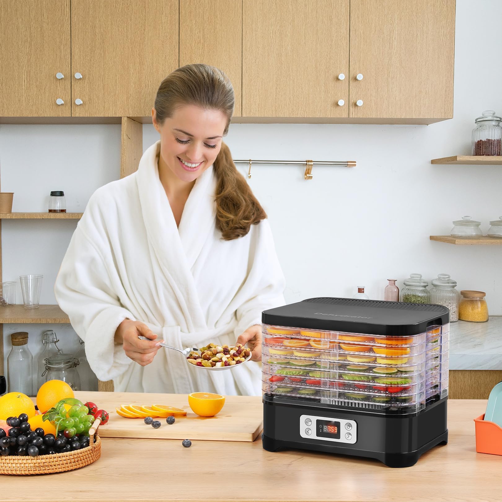Deshidratador MEYKEY de acero inoxidable, deshidratador con 8 compartimentos 400W, secador para frutas, carnes y hierbas con hojas deshidratantes de silicona antiadherentes, 30-70°C, temporizador 72h